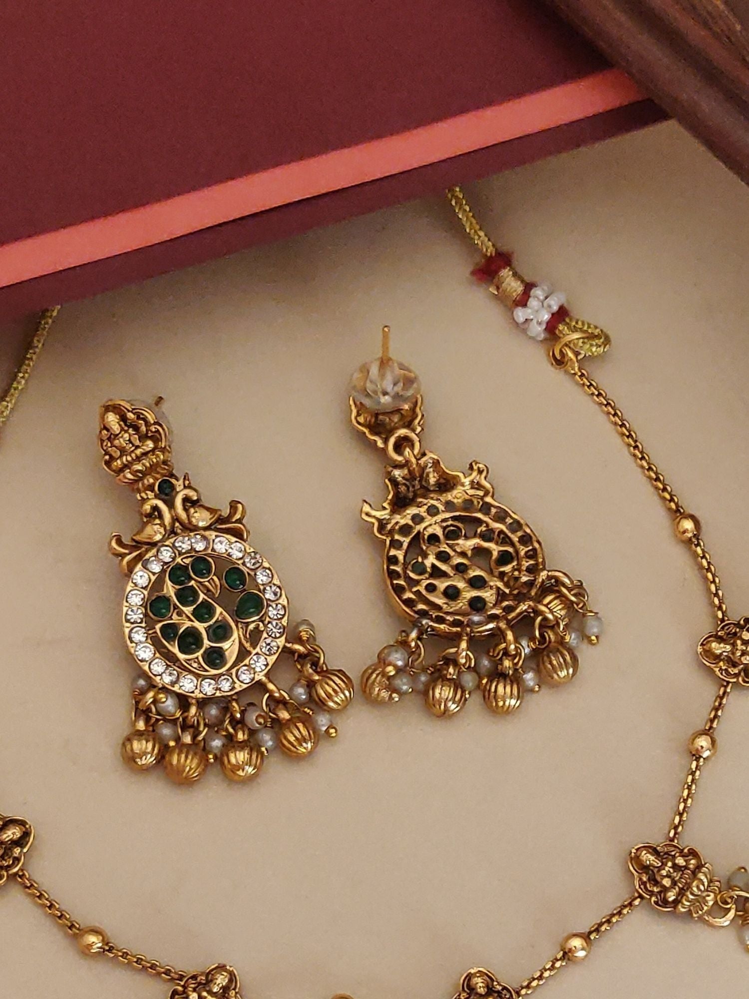 Abdesigns Jewellery Pendents Chain with Antique Gold Finish featuring intricate green and white stone design