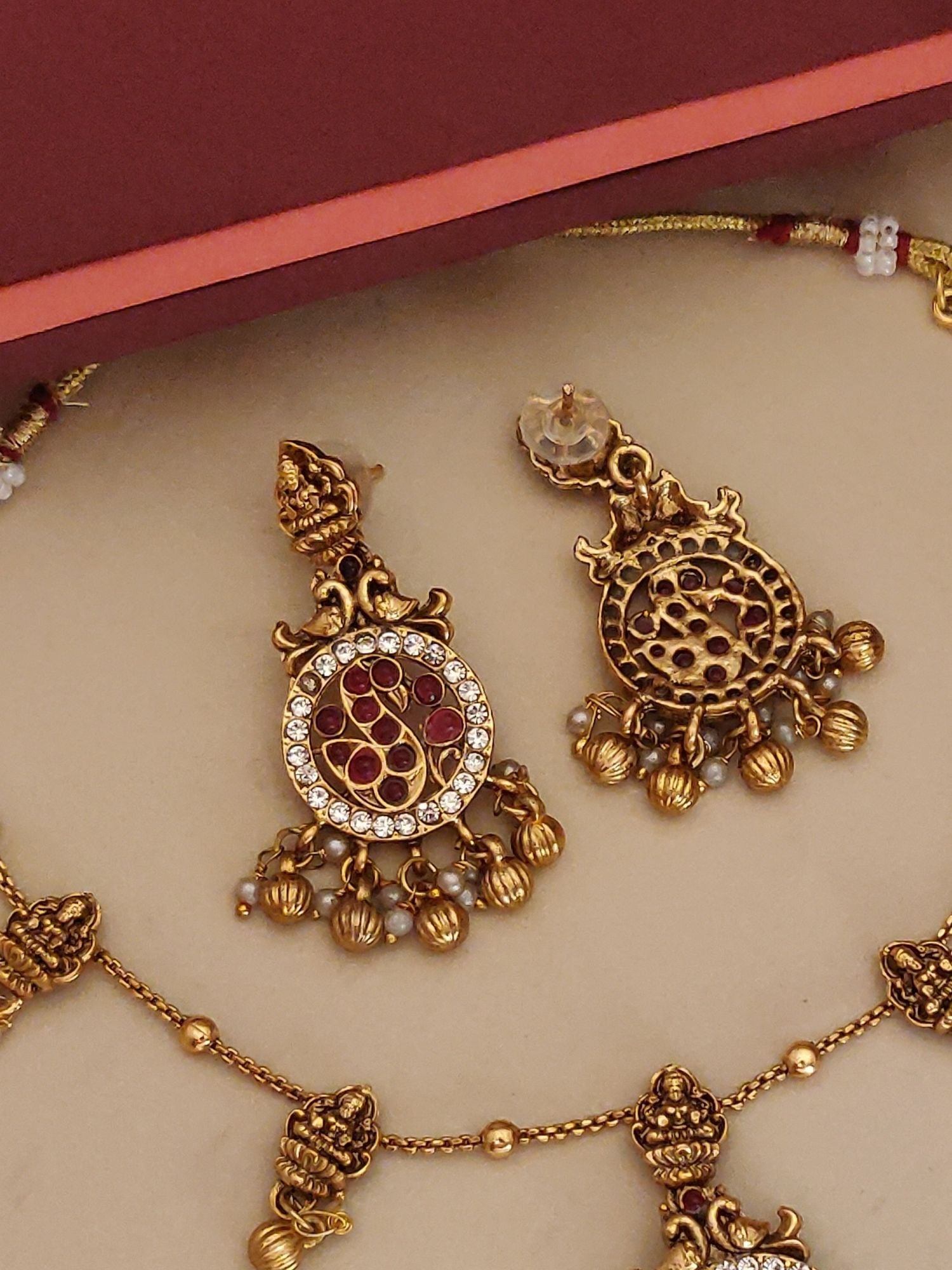 Abdesigns Jewellery Pendents Chain with Antique Gold Finish featuring intricate vintage style earrings and matching pendant