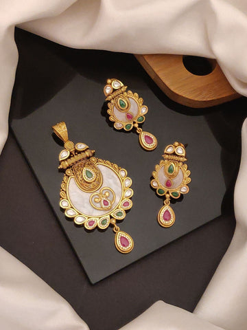 Abdesigns Jewellery Pendents Chain with Multicolor Stones featuring gold-tone intricate design with green and pink stones