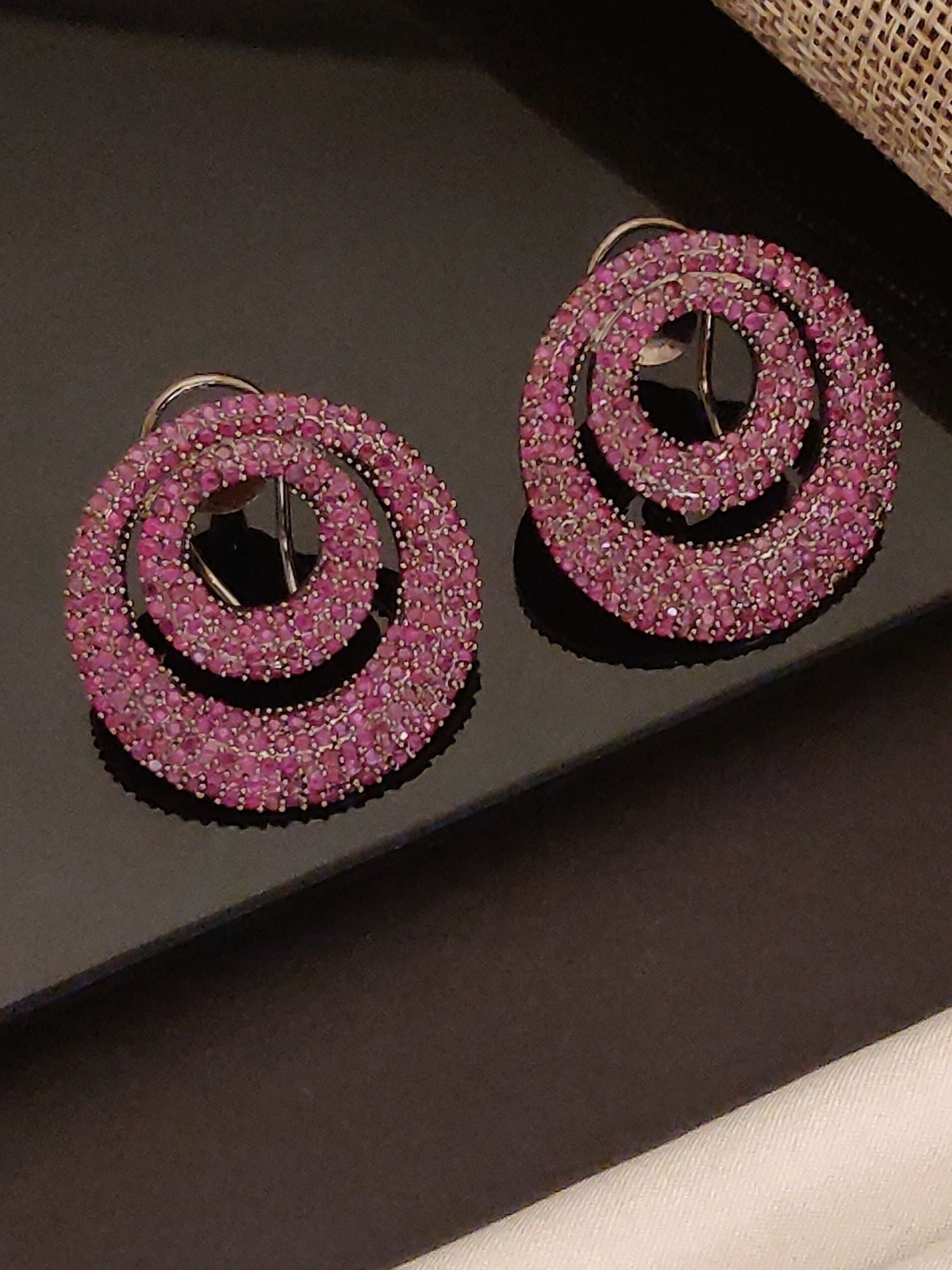 Abdesigns Jewellery Pink Crystal Circle Drop Earrings featuring two concentric pink crystal-studded circles