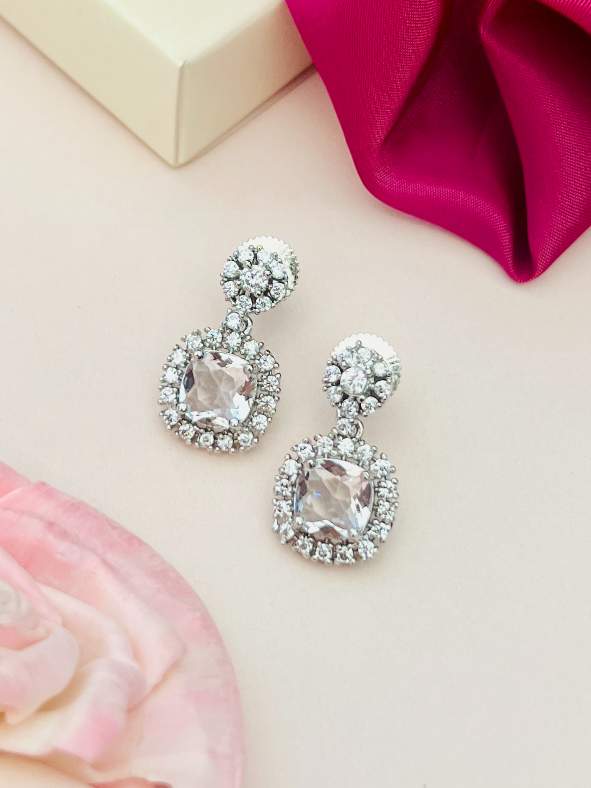 Abdesigns Jewellery Ruby Drop Earrings with Cubic Zirconia featuring elegant square stones surrounded by smaller crystals