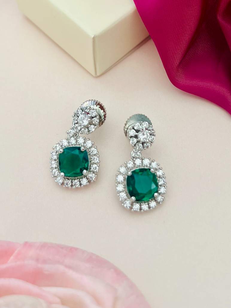 Abdesigns Jewellery Ruby Drop Earrings with Cubic Zirconia featuring green stones surrounded by clear crystals