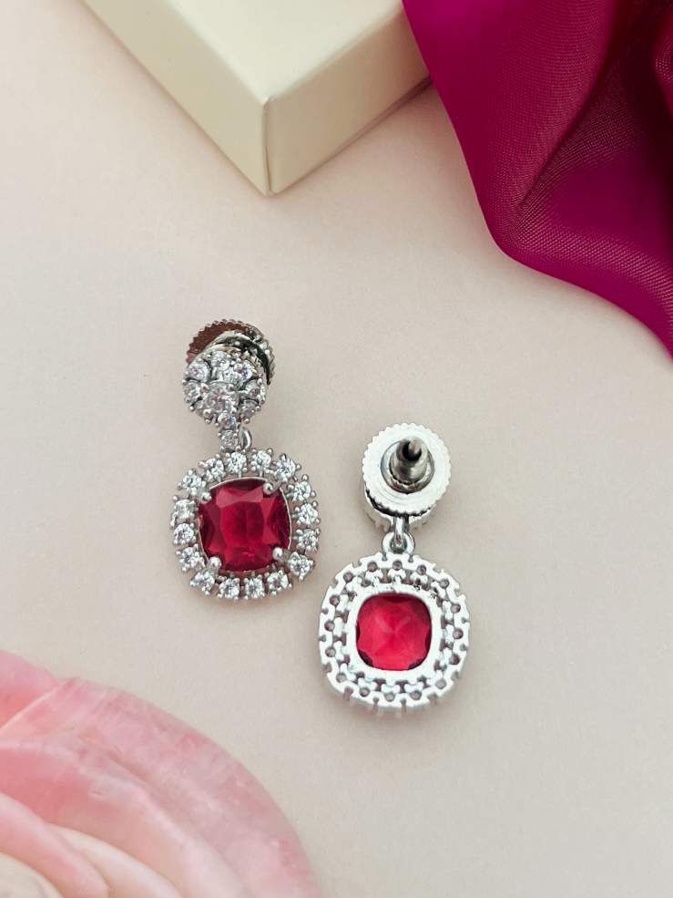 Abdesigns Jewellery Ruby Drop Earrings with Cubic Zirconia featuring red stones and silver settings
