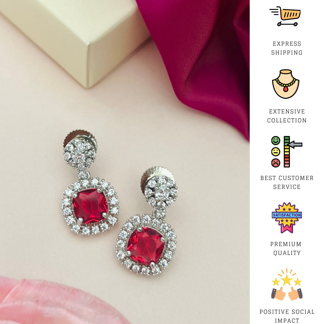 Abdesigns Jewellery Ruby Drop Earrings with Cubic Zirconia worn by woman showing elegant style