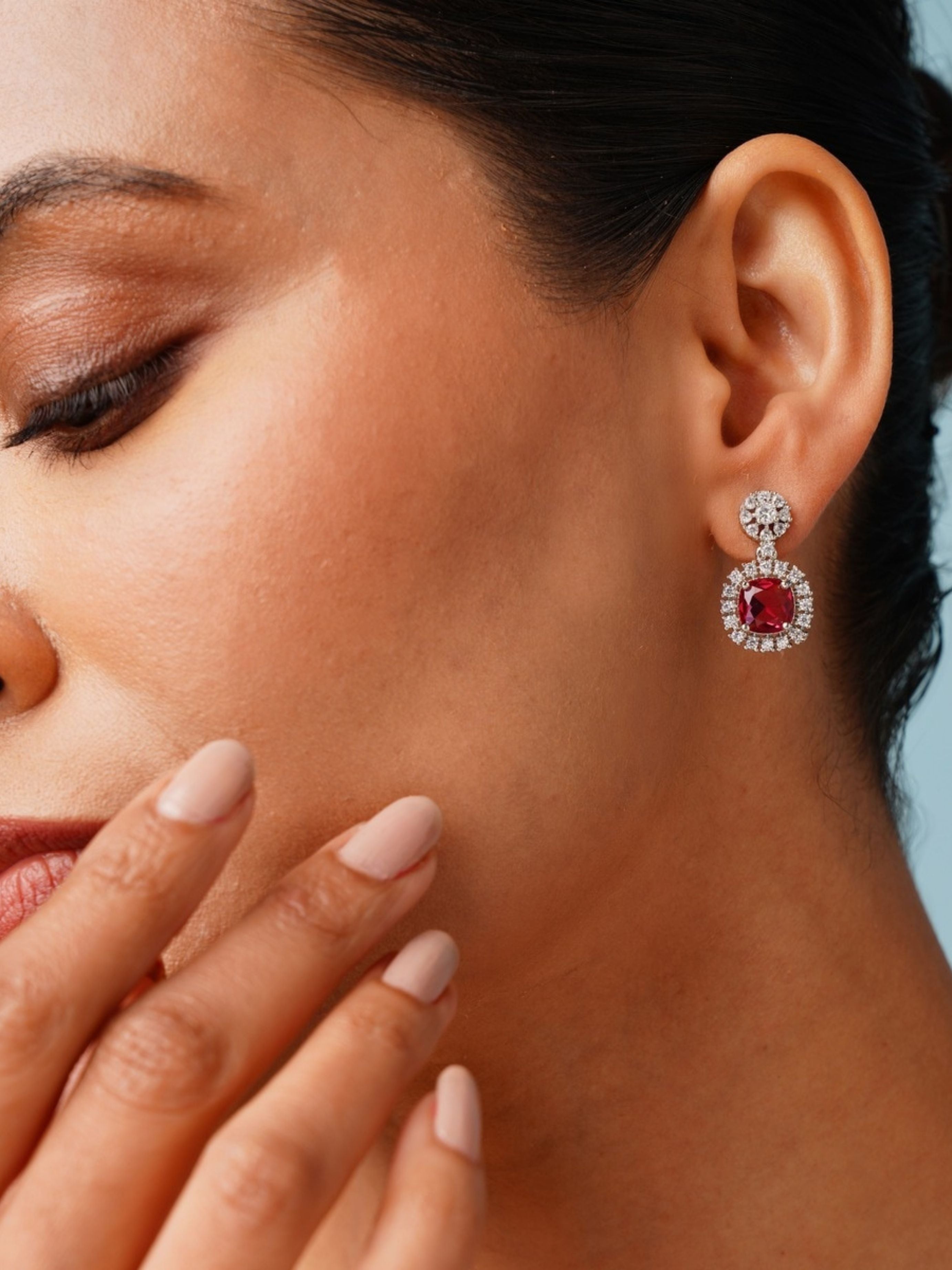 Abdesigns Jewellery Ruby Drop Earrings with Cubic Zirconia worn by woman showing elegant style