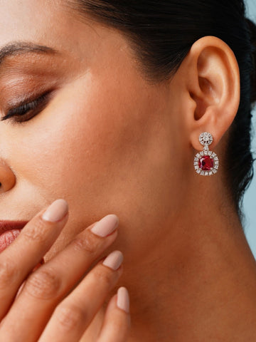 Abdesigns Jewellery Ruby Drop Earrings with Cubic Zirconia worn by woman showing elegant style