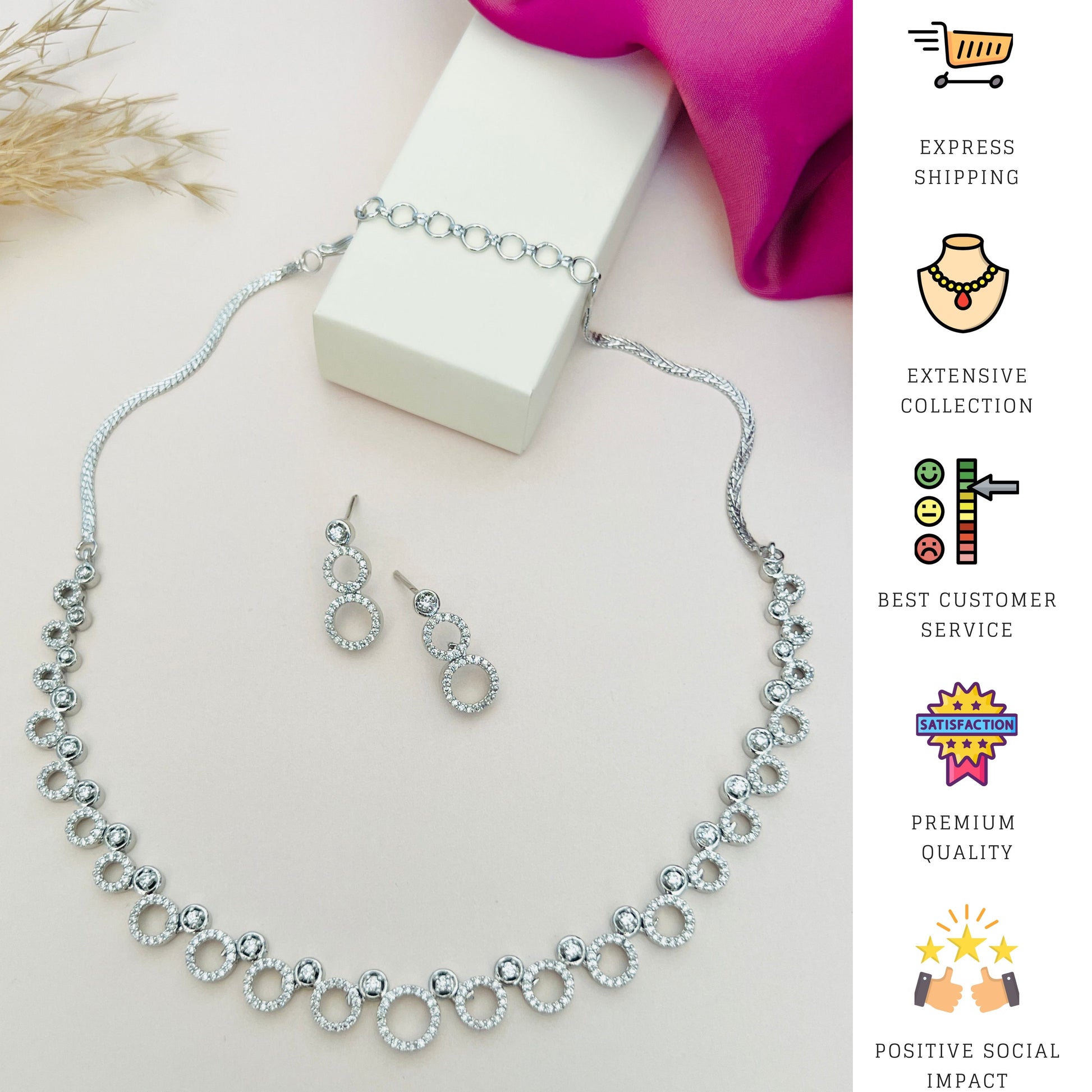 Abdesigns Jewellery Silver Circle Necklace Set featuring a silver chain with circular links and matching earrings