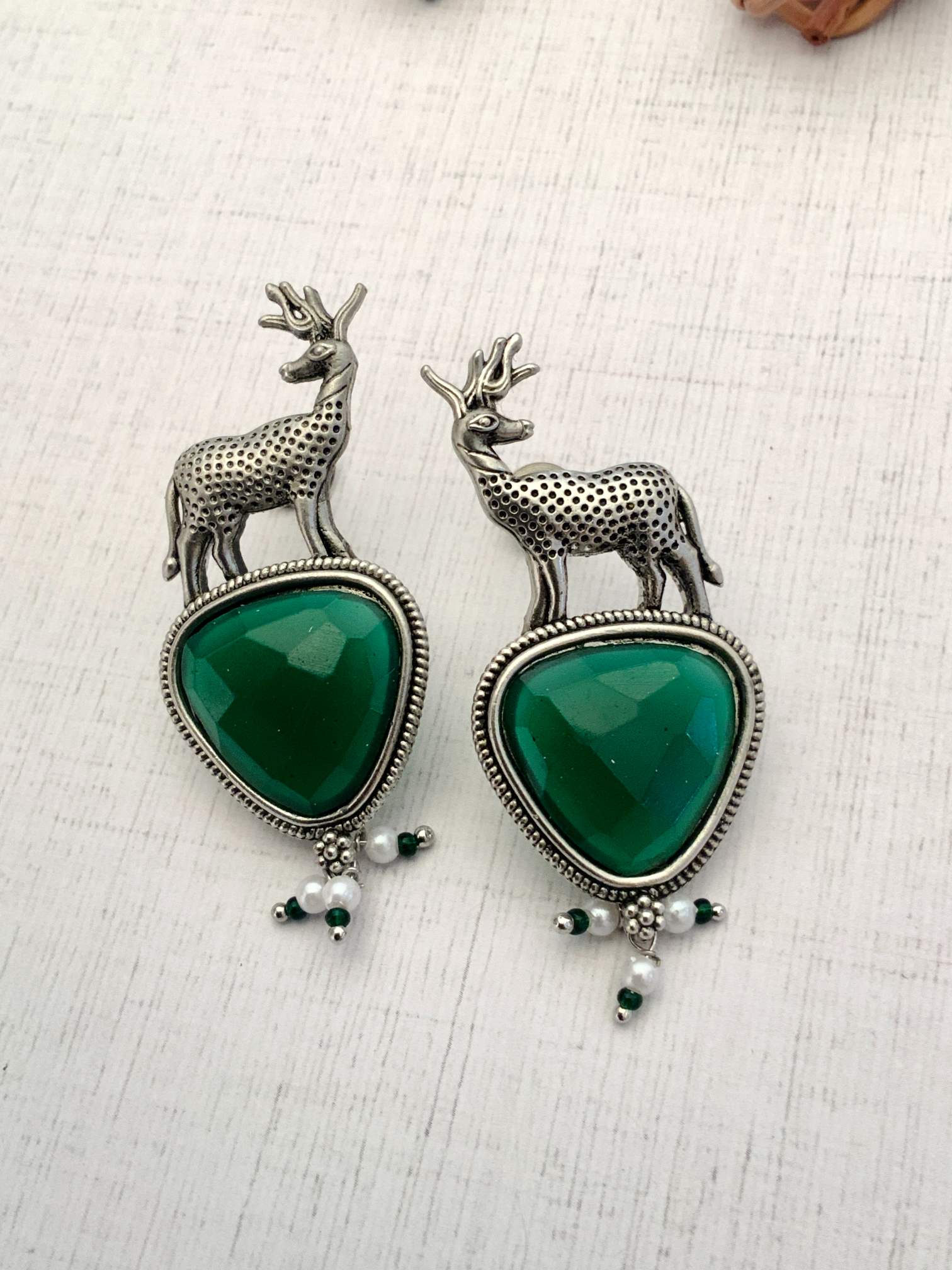 Abdesigns Jewellery Silver Deer Green Stone Earrings with detailed deer design and dangling beads