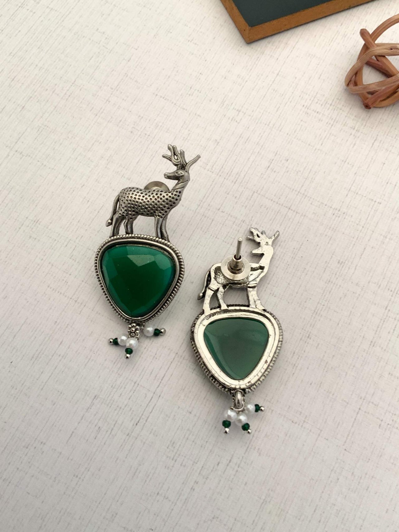 Abdesigns Jewellery Silver Deer Green Stone Earrings with intricate deer design and green stone