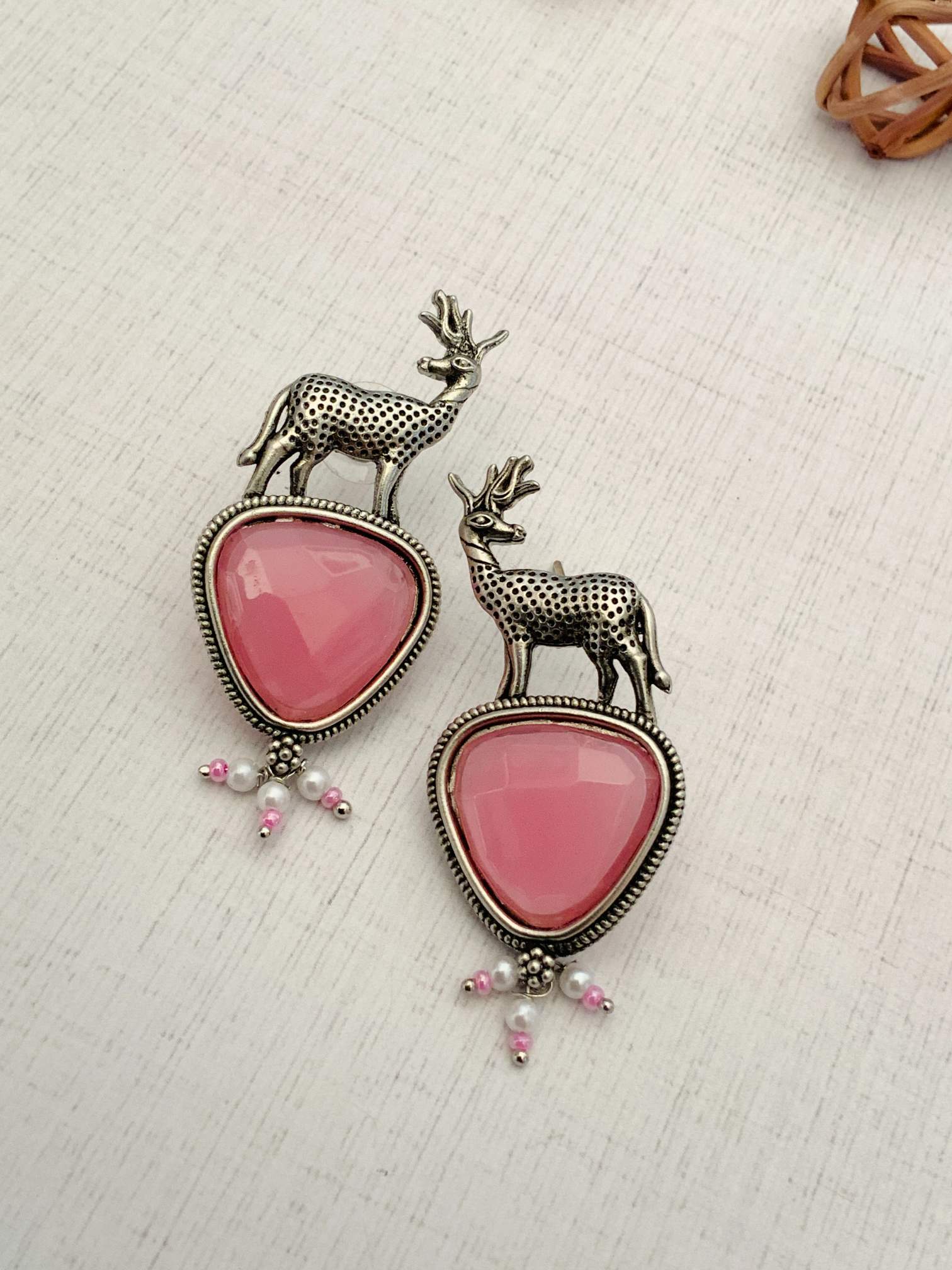 Abdesigns Jewellery Silver Deer Green Stone Earrings with intricate deer design and pink stones