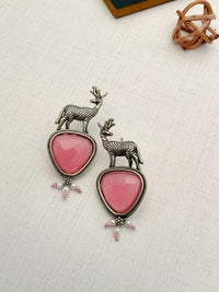 Thumbnail for Abdesigns Jewellery Silver Deer Green Stone Earrings with pink triangular stones and pearl accents