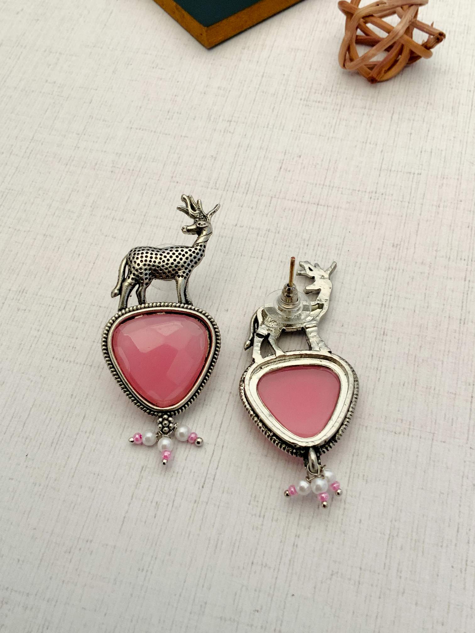 Abdesigns Jewellery Silver Deer Green Stone Earrings with pink stones and decorative beads