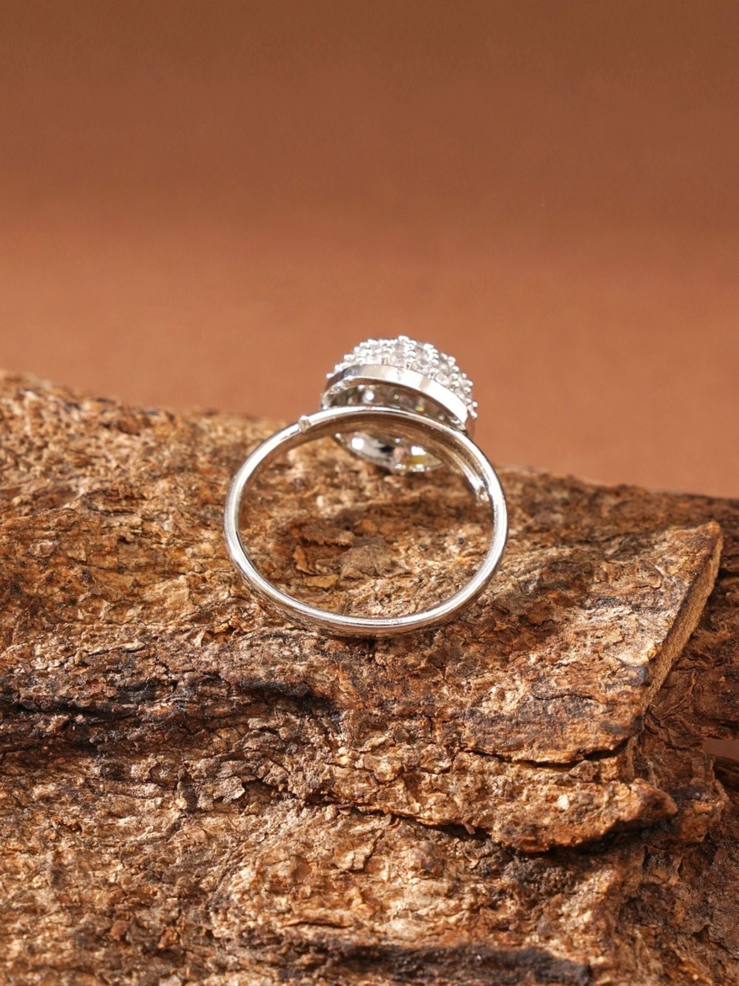 Abdesigns Jewellery Silver Fashion Ring with Stones polished silver band and clustered clear stones on textured bark