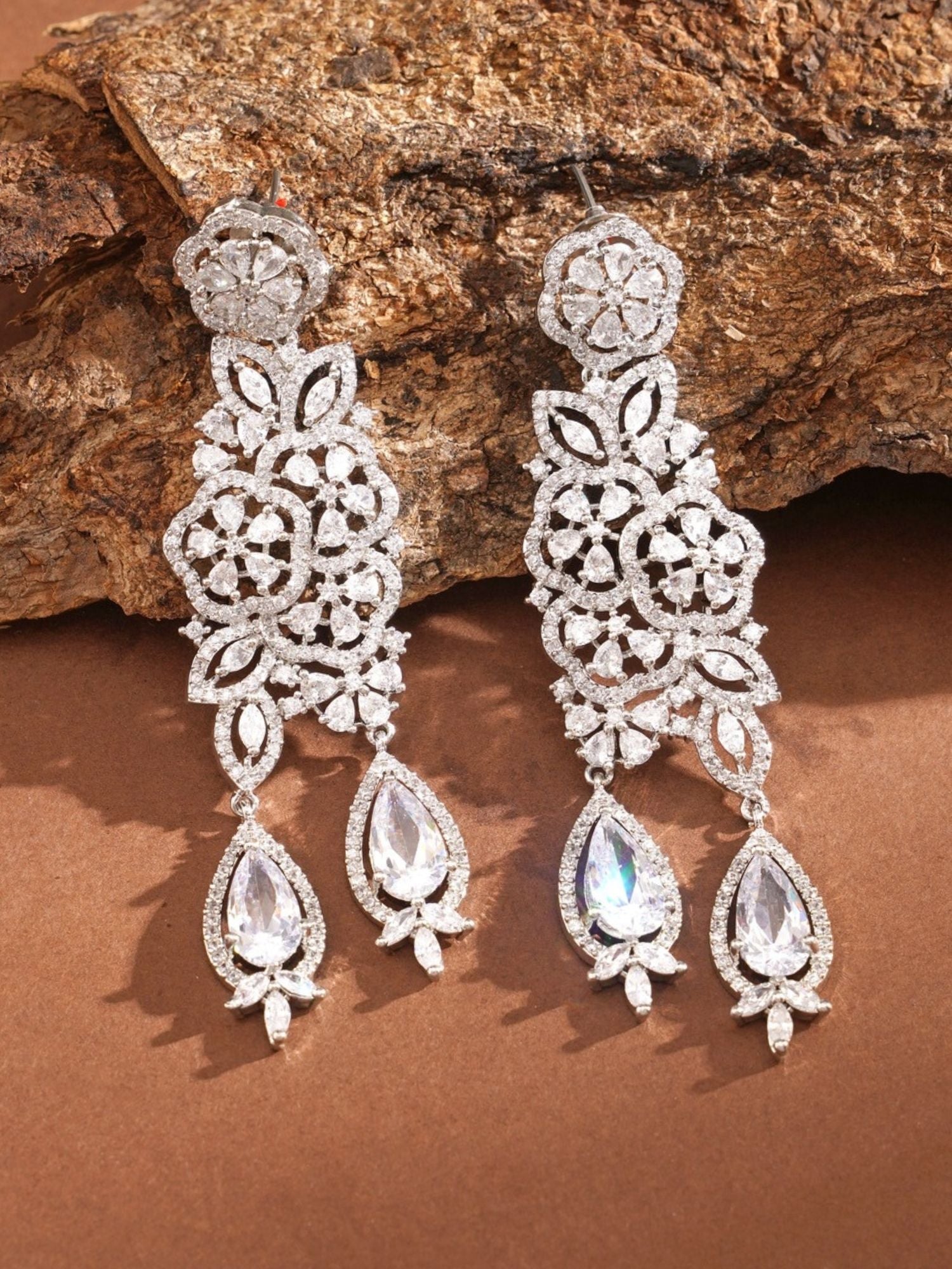 Abdesigns Jewellery Silver Floral Drop Earrings with intricate floral patterns and teardrop crystals