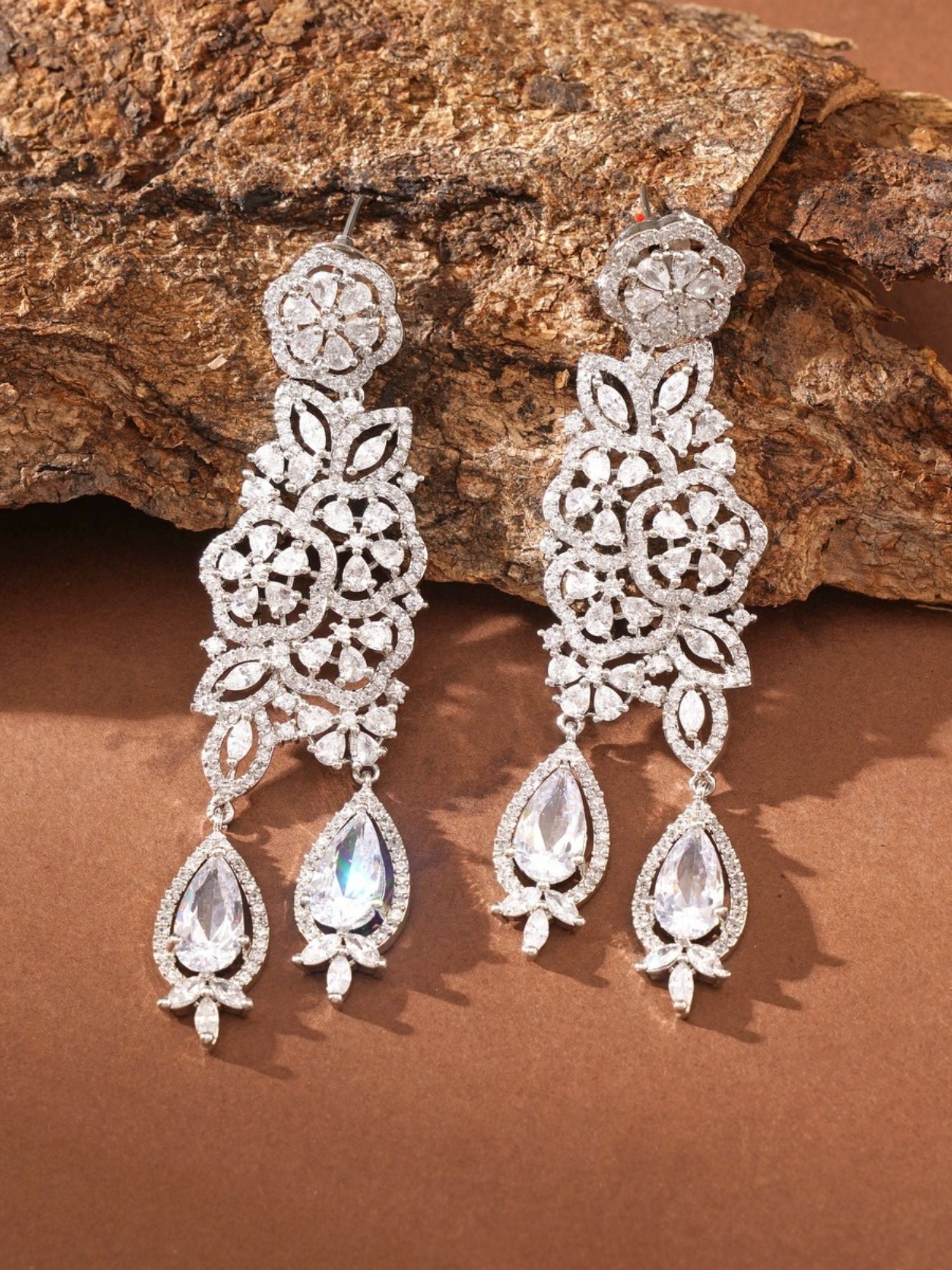 Abdesigns Jewellery Silver Floral Drop Earrings with intricate leaf design and teardrop crystal accents