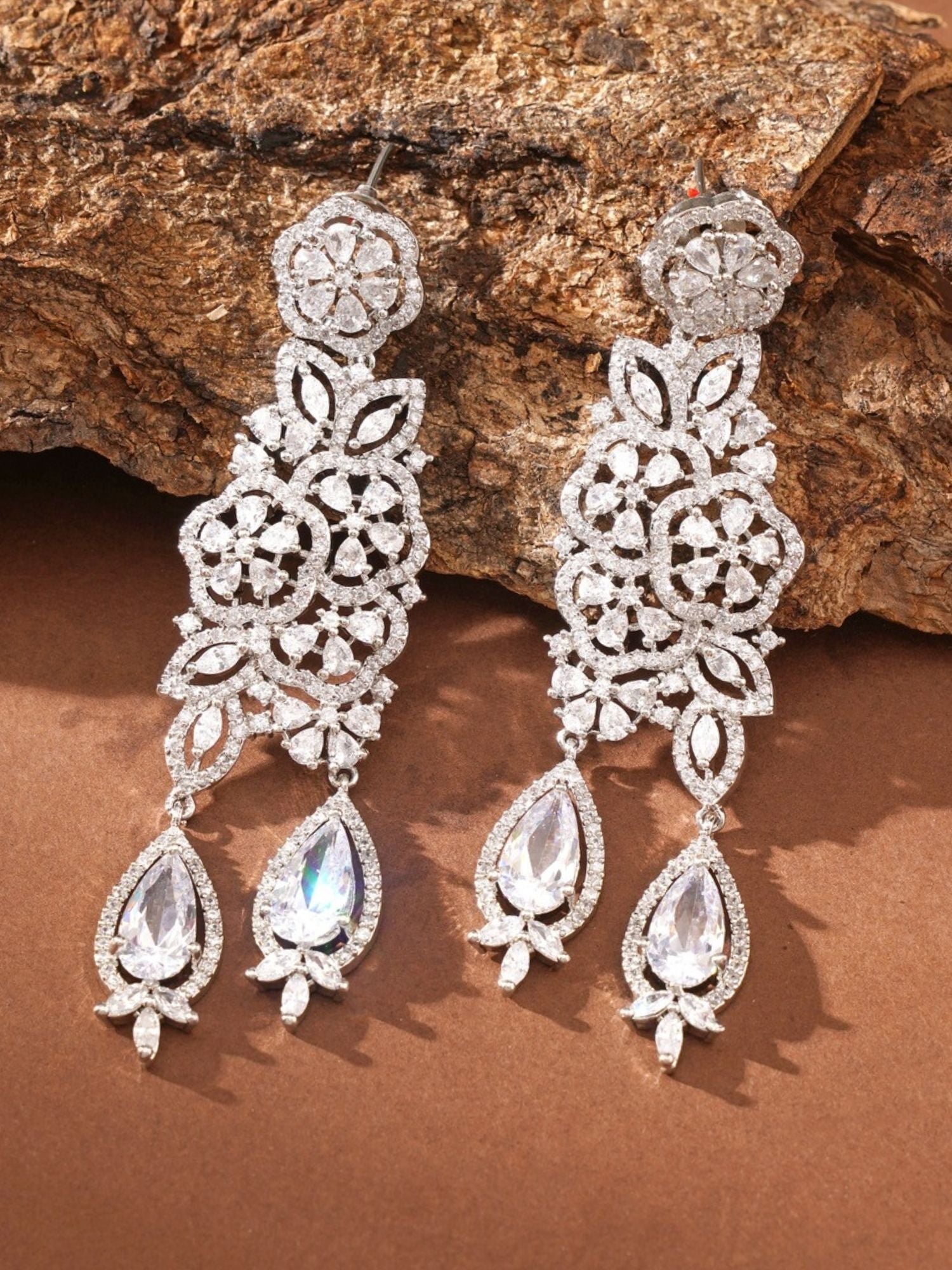 Abdesigns Jewellery Silver Floral Drop Earrings with intricate crystal detailing and teardrop pendants