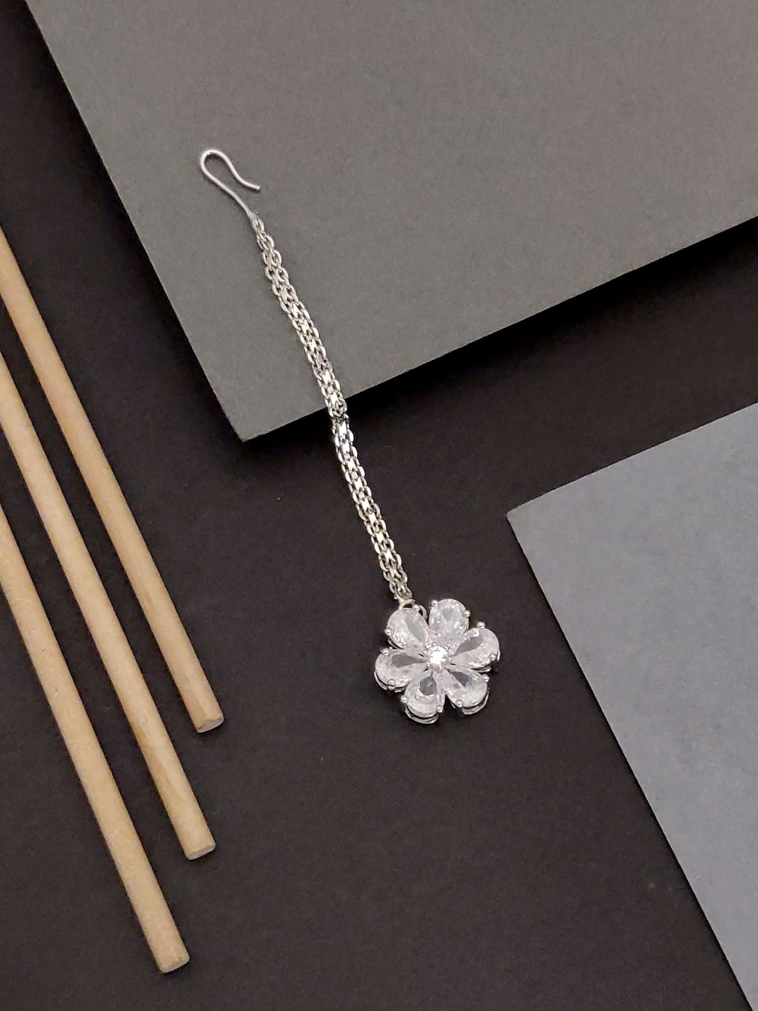 Abdesigns Jewellery Silver Flower Maangtikka for Elegant Style with intricate chain and floral pendant