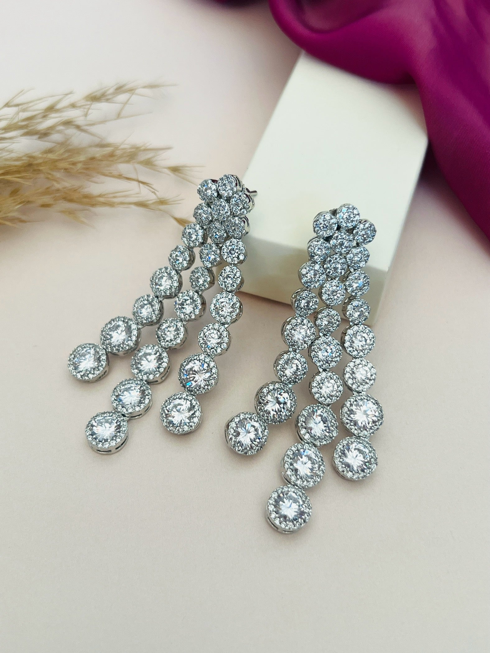 Silver Plated American Diamond Multilayer Necklace Set By Abdesigns Jewellery. Elegant multilayer pendant with sparkling stones