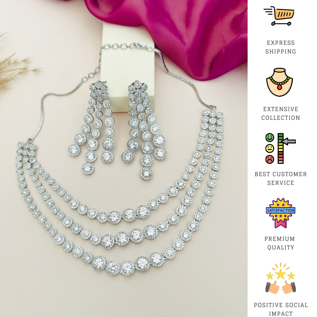 Model wearing Silver Plated American Diamond Multilayer Necklace Set By Abdesigns Jewellery with matching drop earrings