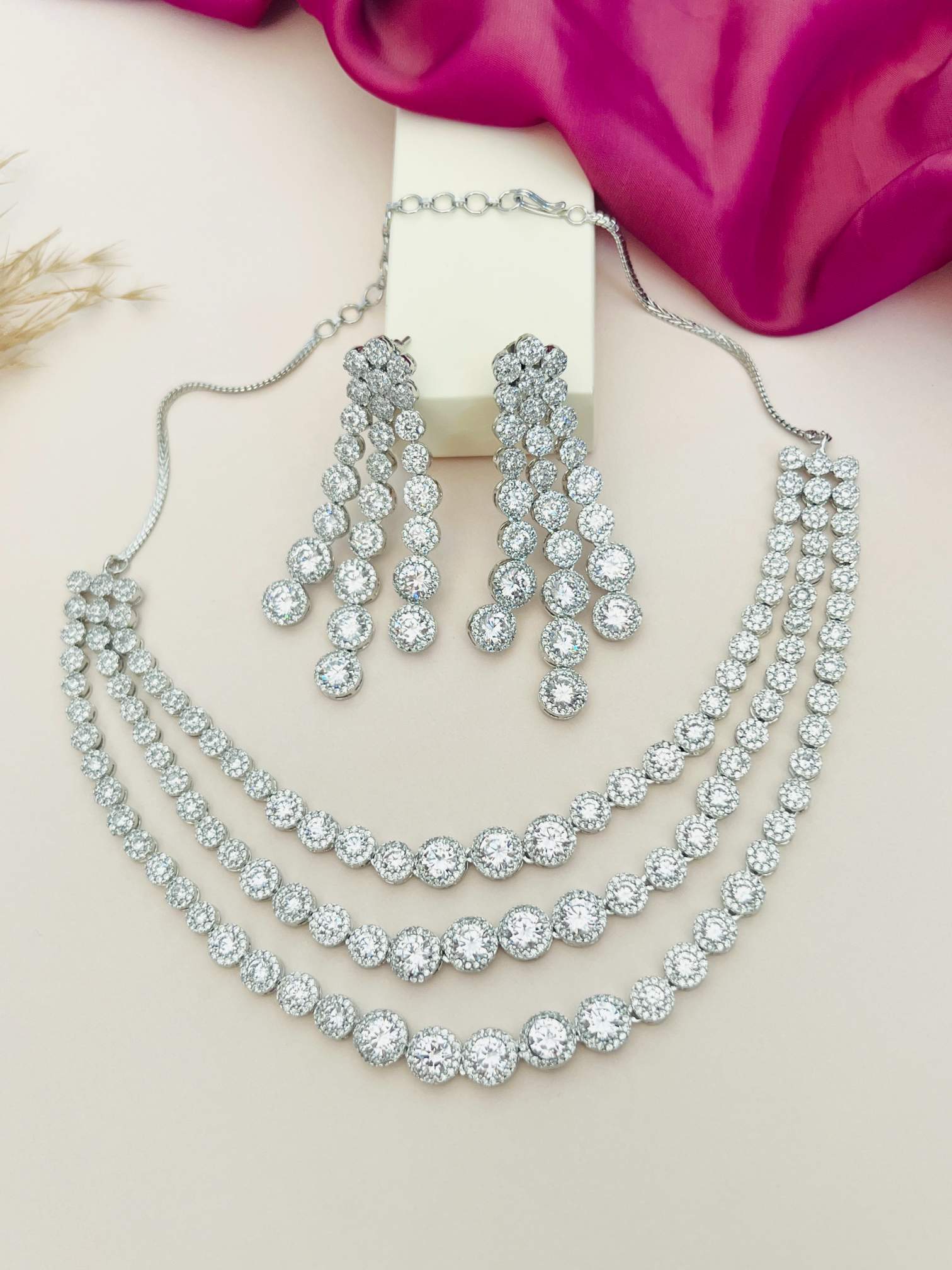 Silver Plated American Diamond Multilayer Necklace Set By Abdesigns Jewellery. Elegant three layer necklace with matching earrings