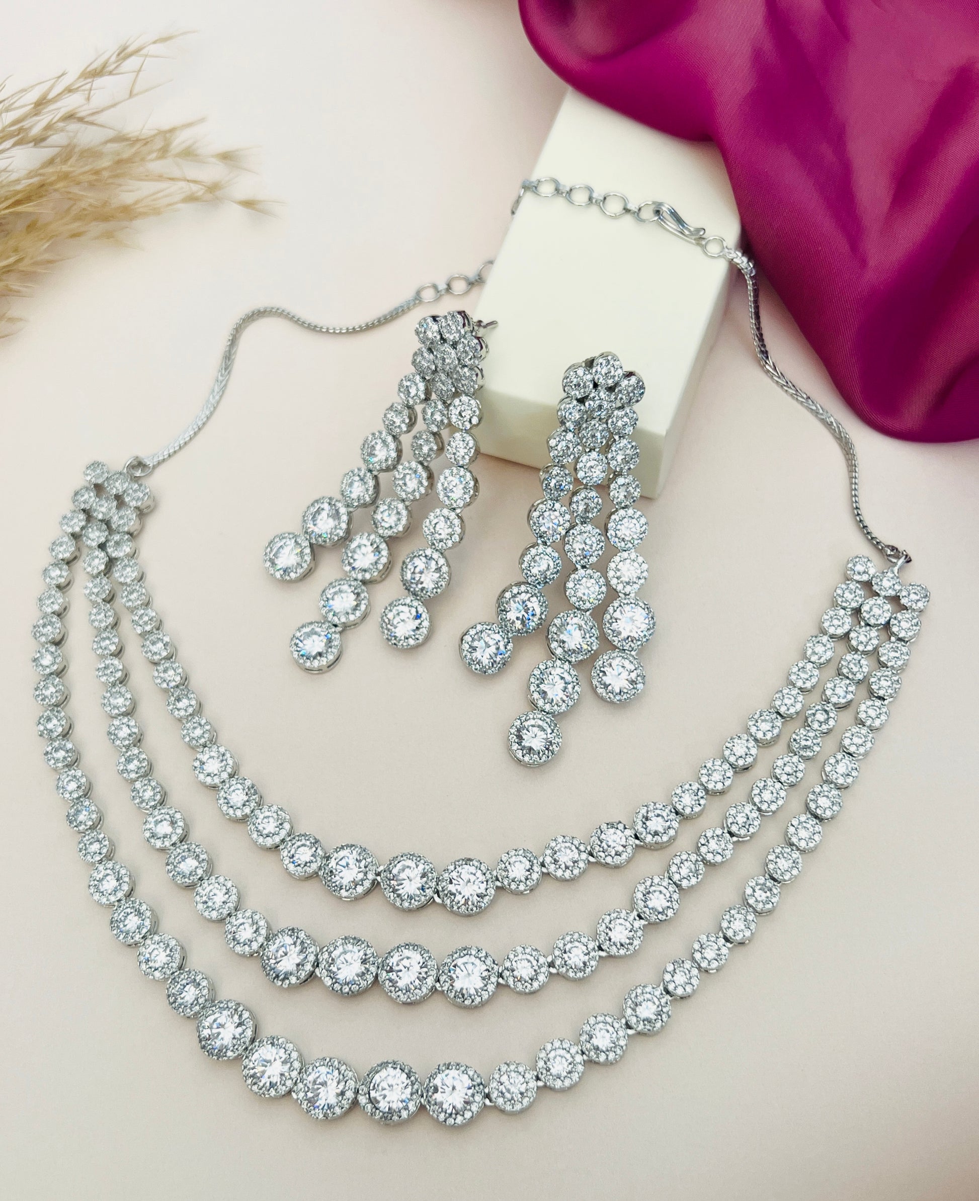 Silver Plated American Diamond Multilayer Necklace Set By Abdesigns Jewellery three layer necklace with matching drop earrings