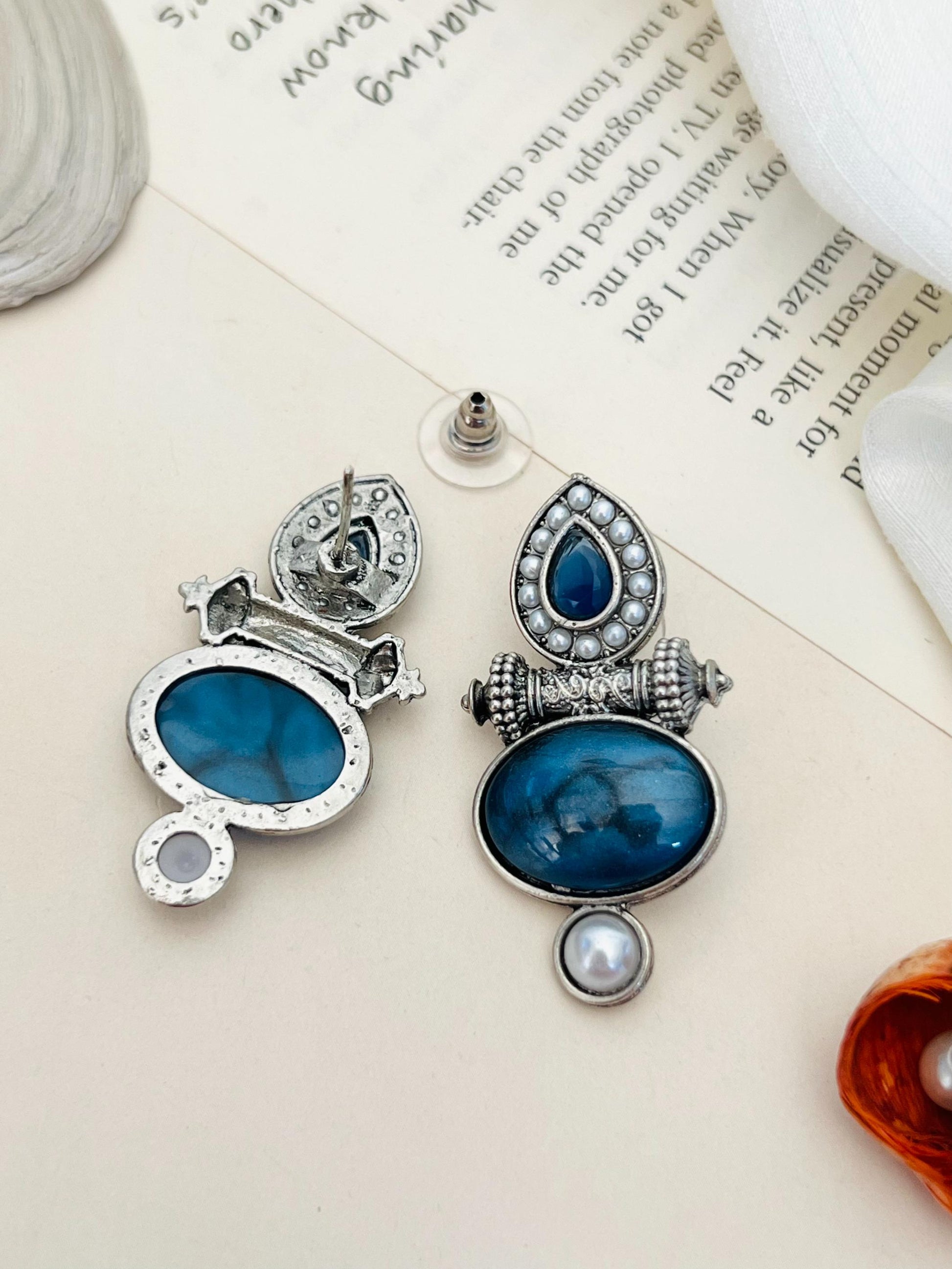 Abdesigns Jewellery Silver Plated Blue Stone Pearl Earrings with intricate detailing and elegant design