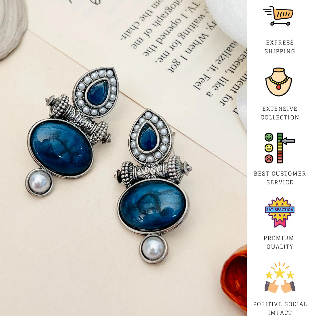 Abdesigns Jewellery Silver Plated Blue Stone Pearl Earrings worn by woman with blue background