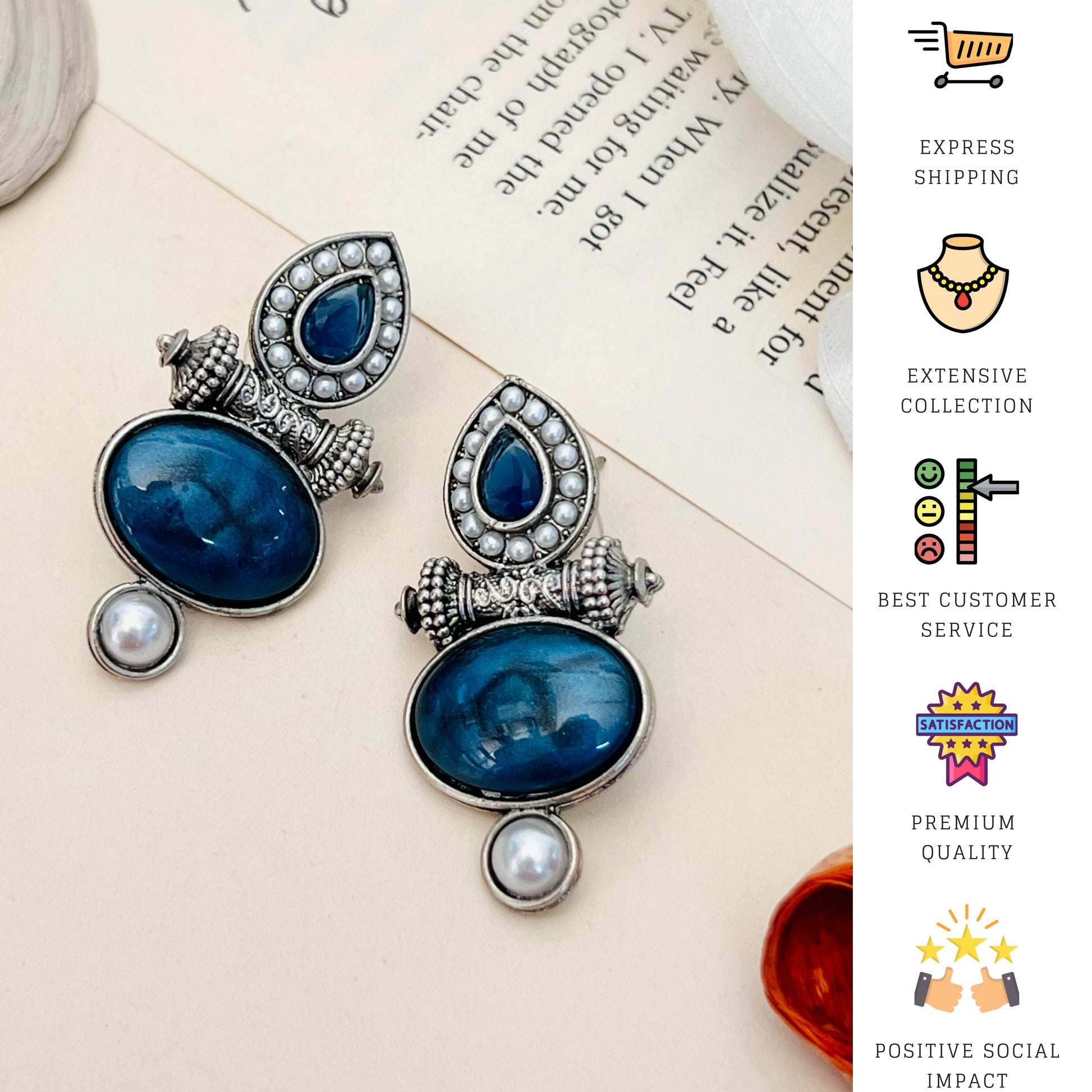 Abdesigns Jewellery Silver Plated Blue Stone Pearl Earrings with intricate detailing and pearl accents