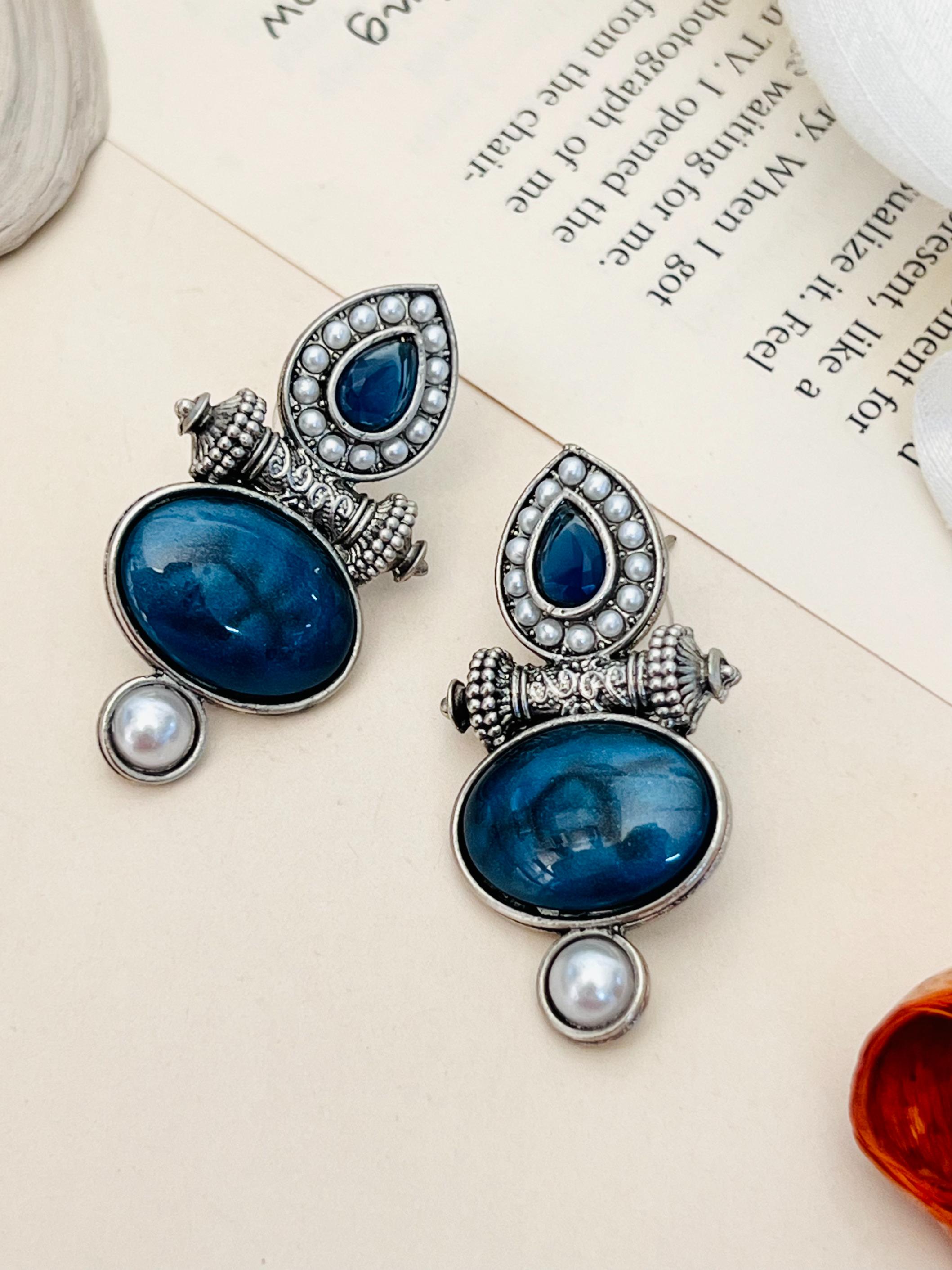 Abdesigns Jewellery Silver Plated Blue Stone Pearl Earrings with intricate antique design
