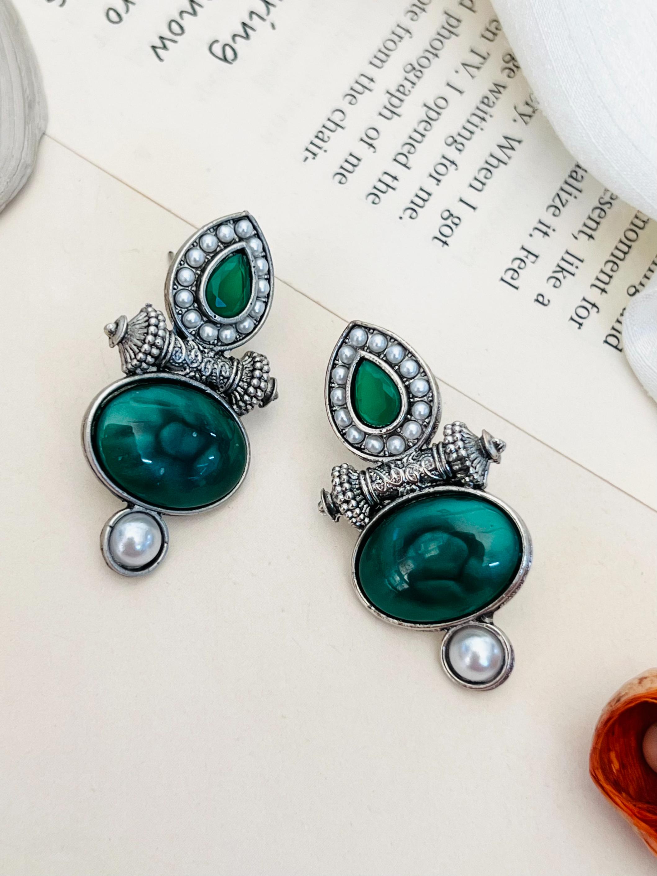 Abdesigns Jewellery Silver Plated Blue Stone Pearl Earrings with intricate design and pearl drops