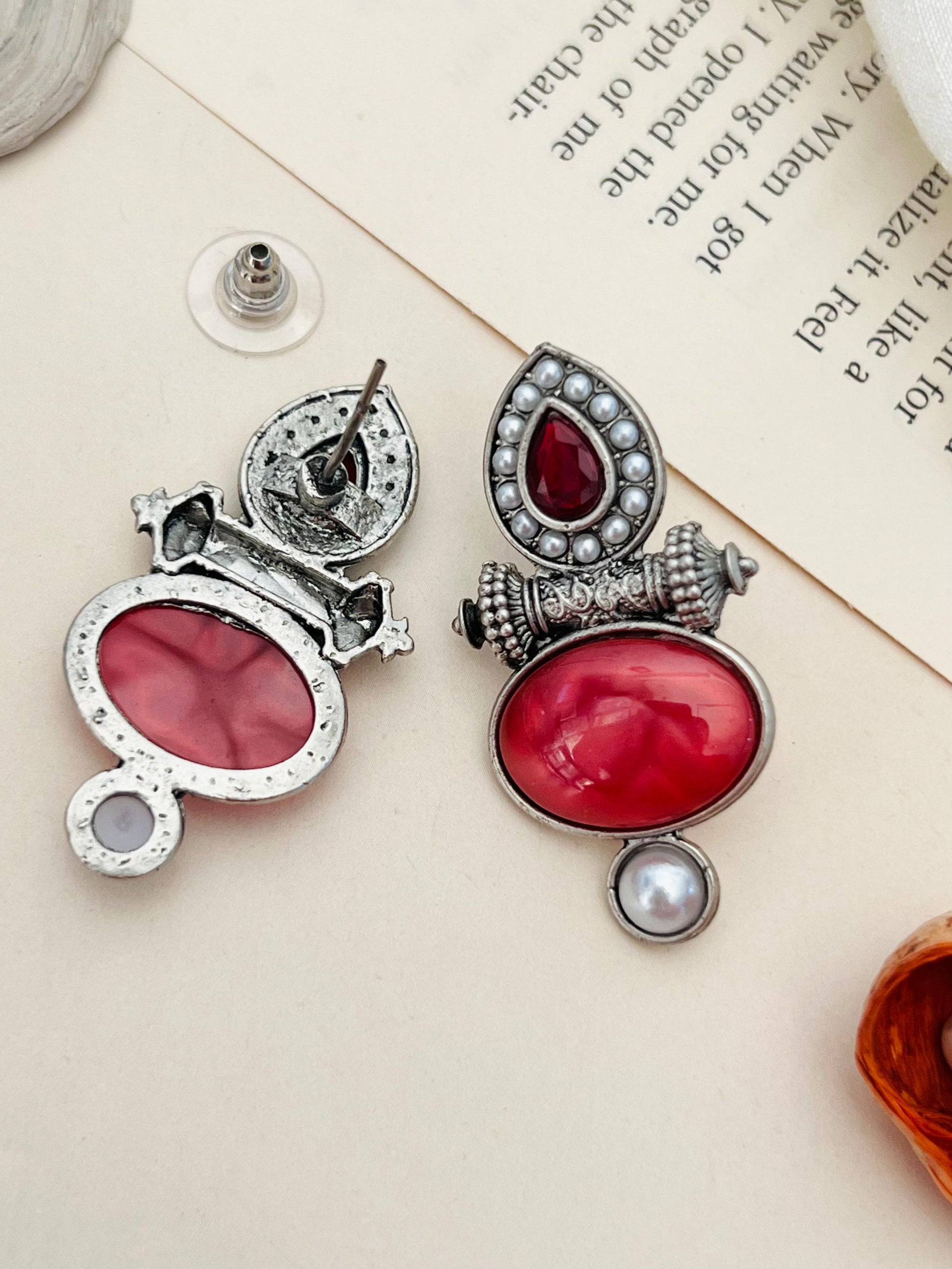 Abdesigns Jewellery Silver Plated Blue Stone Pearl Earrings with red stones and pearl detail