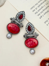 Thumbnail for Abdesigns Jewellery Silver Plated Blue Stone Pearl Earrings with red and pearl accents