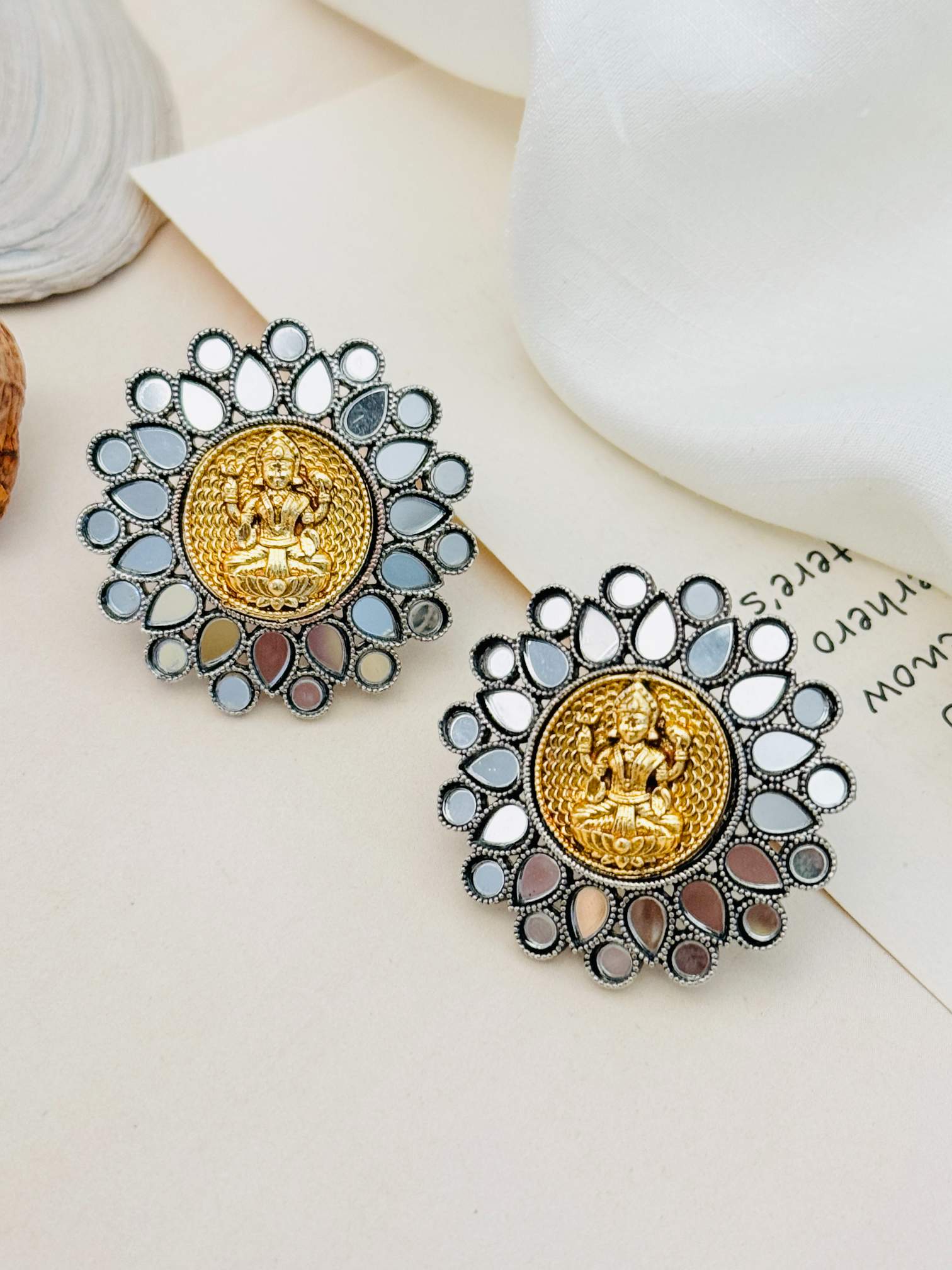 Abdesigns Jewellery Silver Plated Floral Gold Tone Earrings with intricate flower design and central gold motif