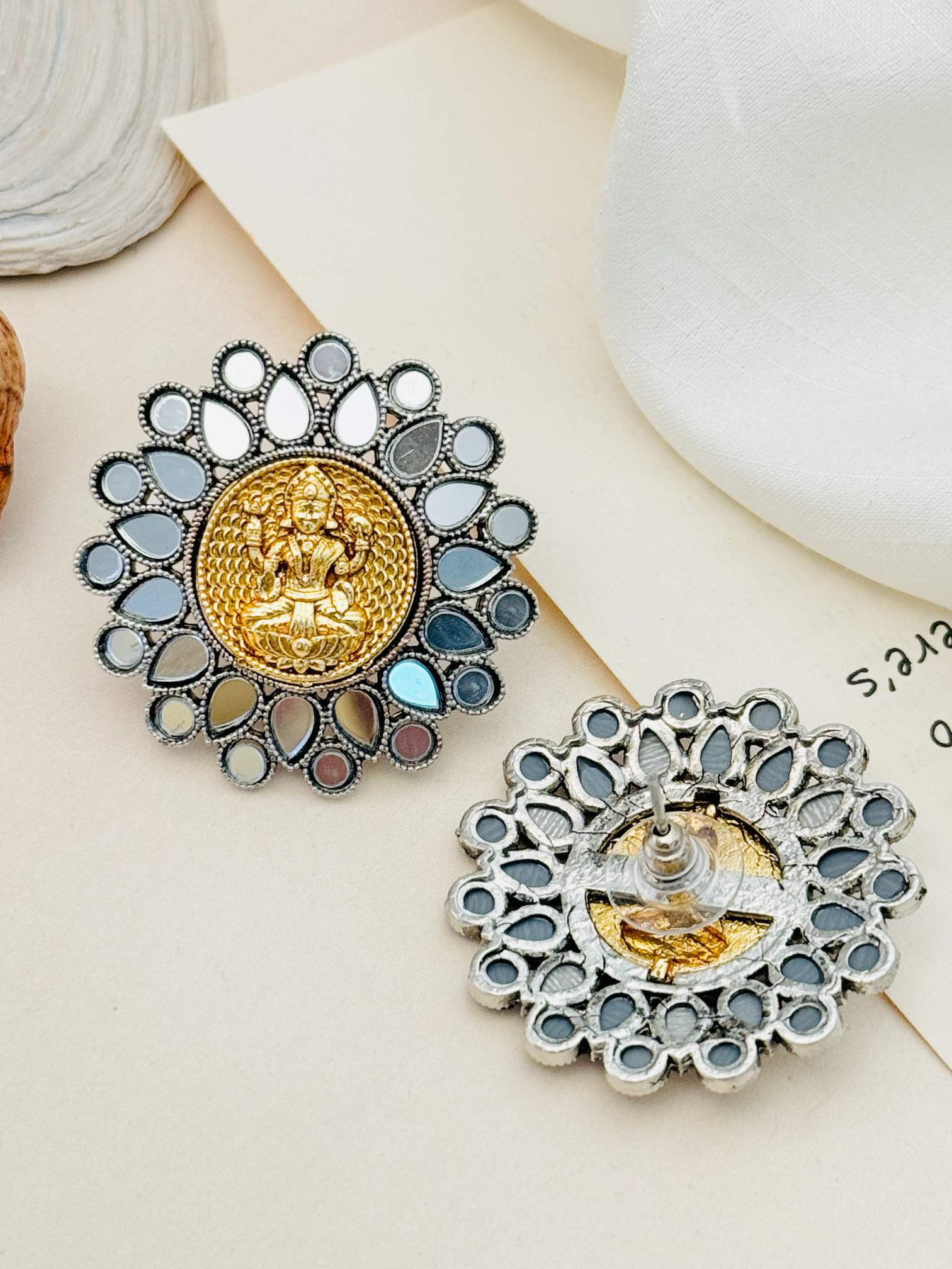 Abdesigns Jewellery Silver Plated Floral Gold Tone Earrings with intricate mirror details and traditional design