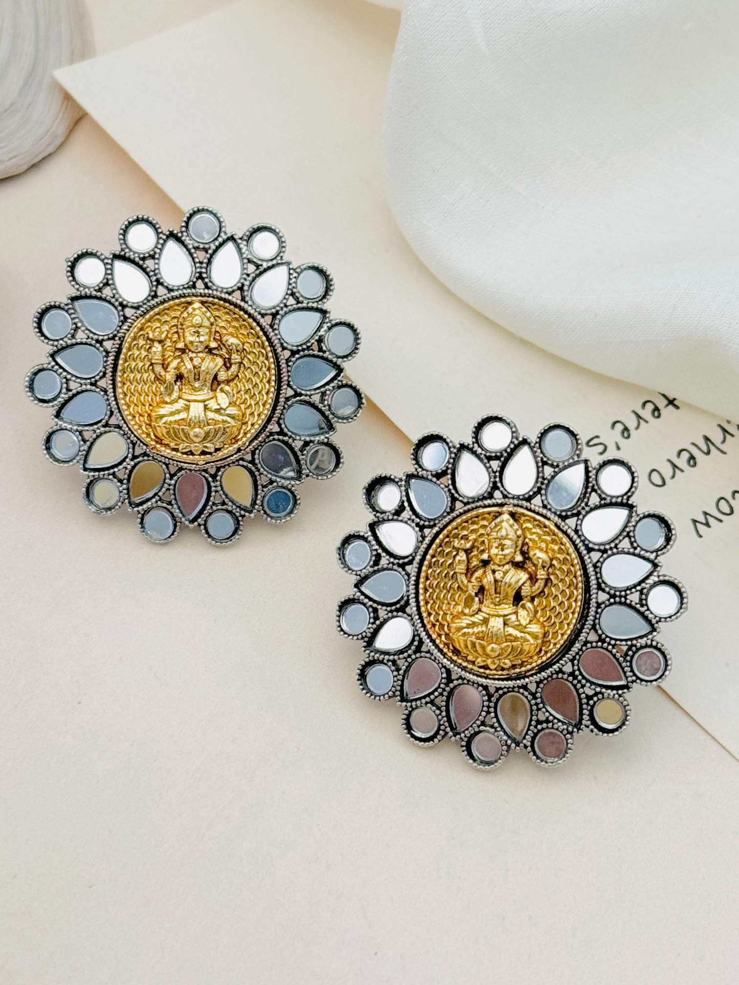 Abdesigns Jewellery Silver Plated Floral Gold Tone Earrings with intricate flower and deity design