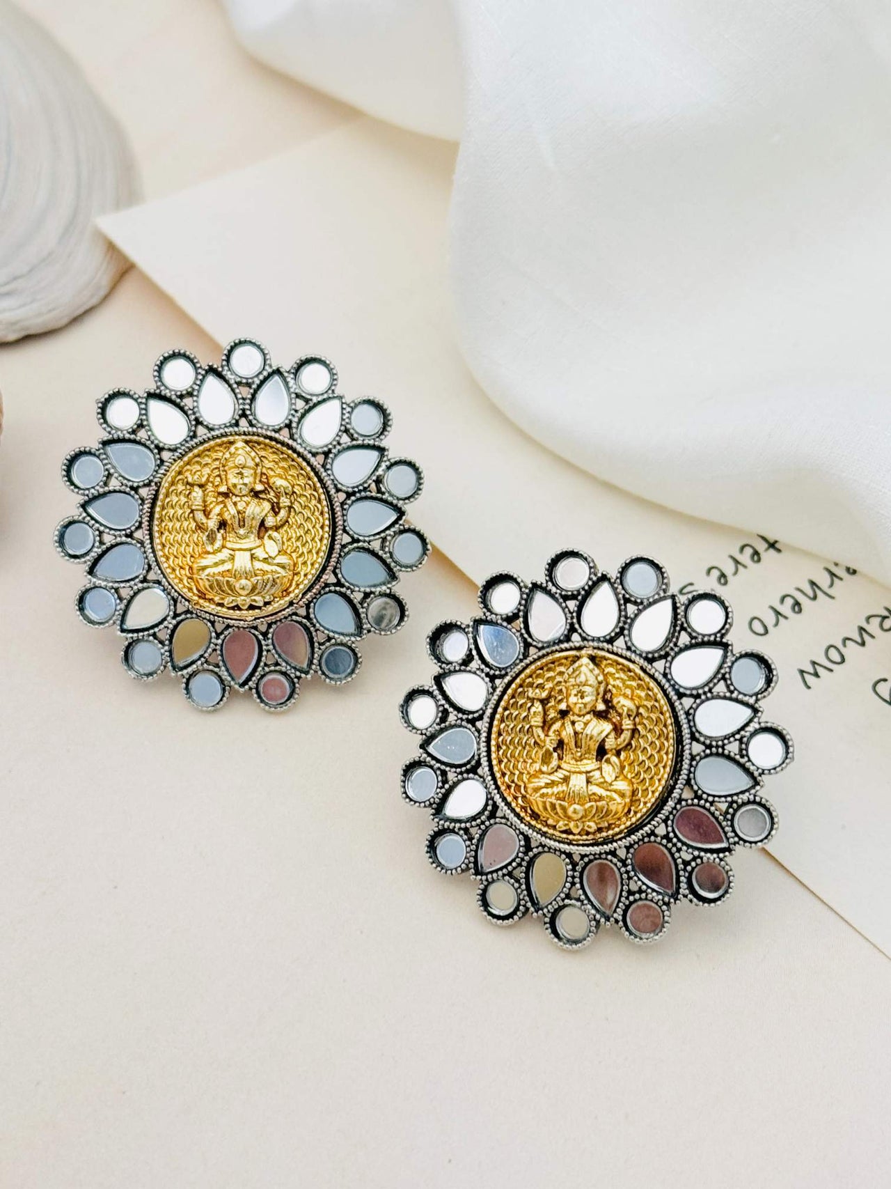 Abdesigns Jewellery Silver Plated Floral Gold Tone Earrings with intricate lotus design and mirrored petals