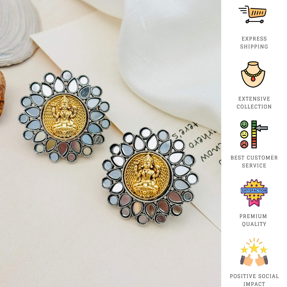Abdesigns Jewellery Silver Plated Floral Gold Tone Earrings worn by woman showing intricate floral design