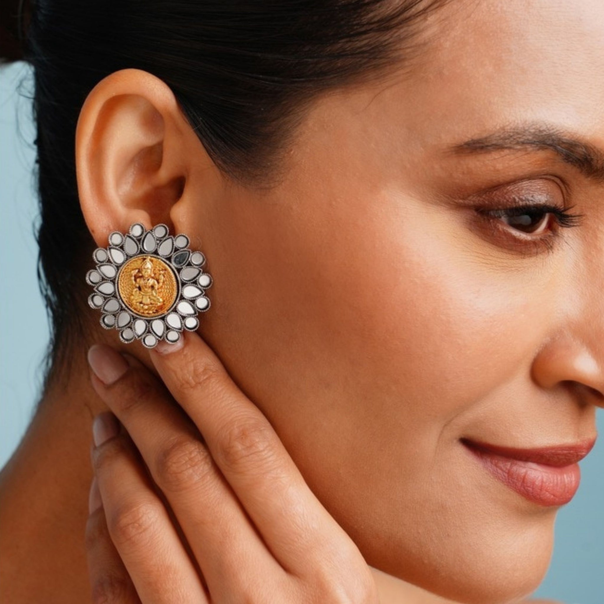 Abdesigns Jewellery Silver Plated Floral Gold Tone Earrings worn by woman showing intricate floral design