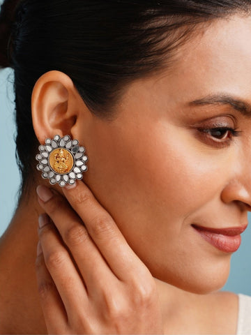 Abdesigns Jewellery Silver Plated Floral Gold Tone Earrings worn by woman showing intricate floral design