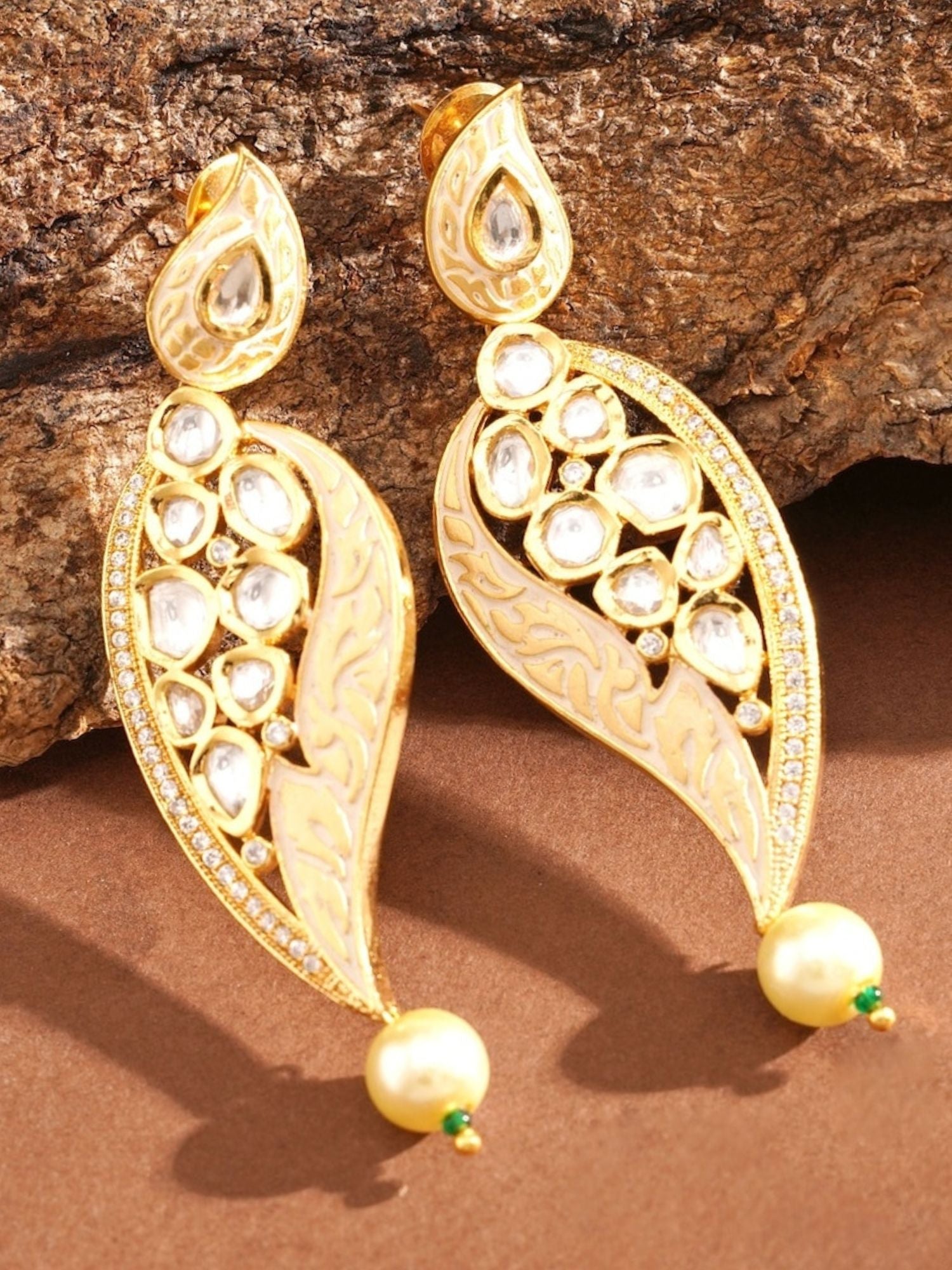 Abdesigns Jewellery Simple Gold Plated Kundan Earrings with intricate leaf design and pearl drop