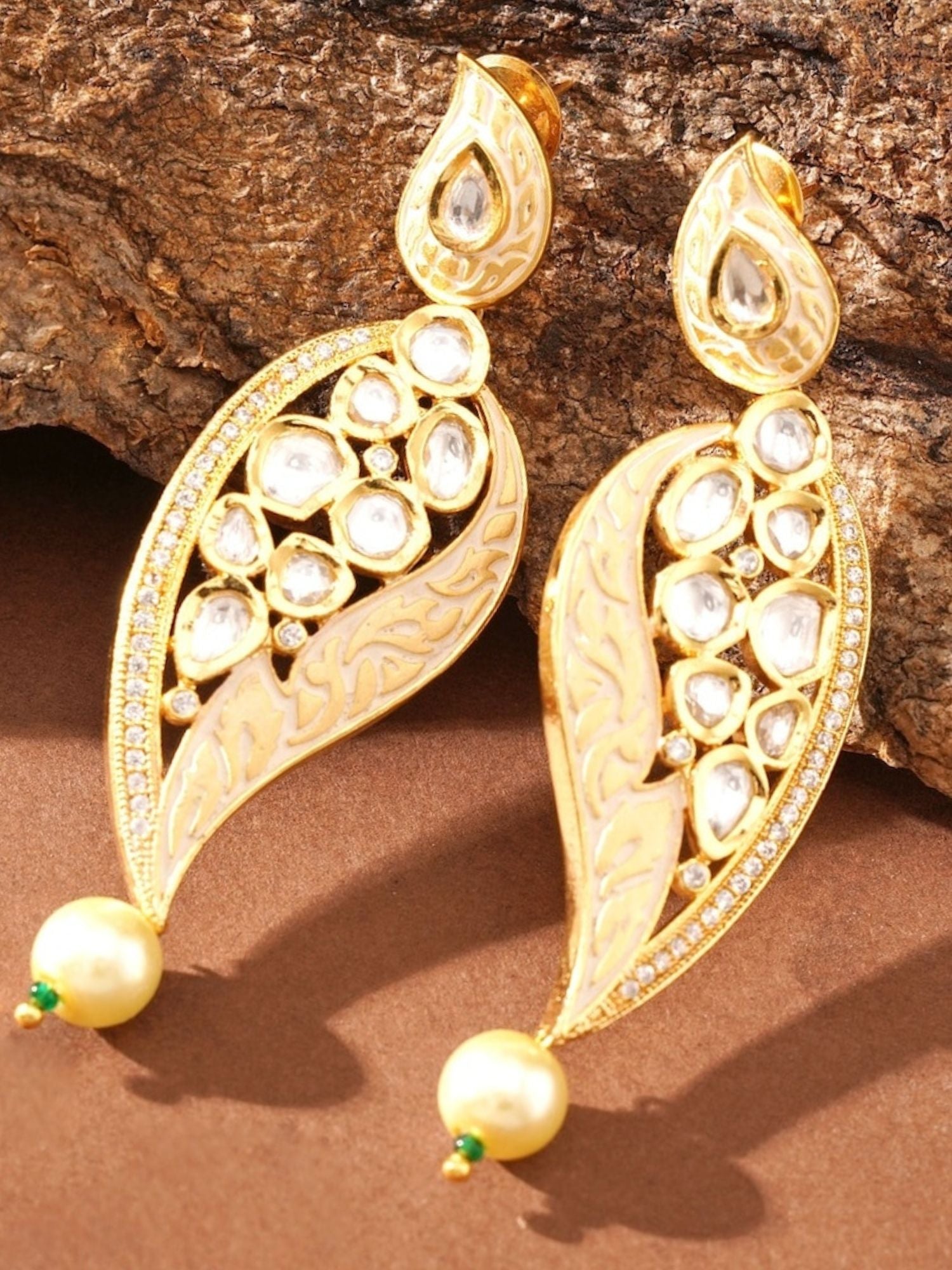 Abdesigns Jewellery Simple Gold Plated Kundan Earrings with intricate leaf design and pearl drops