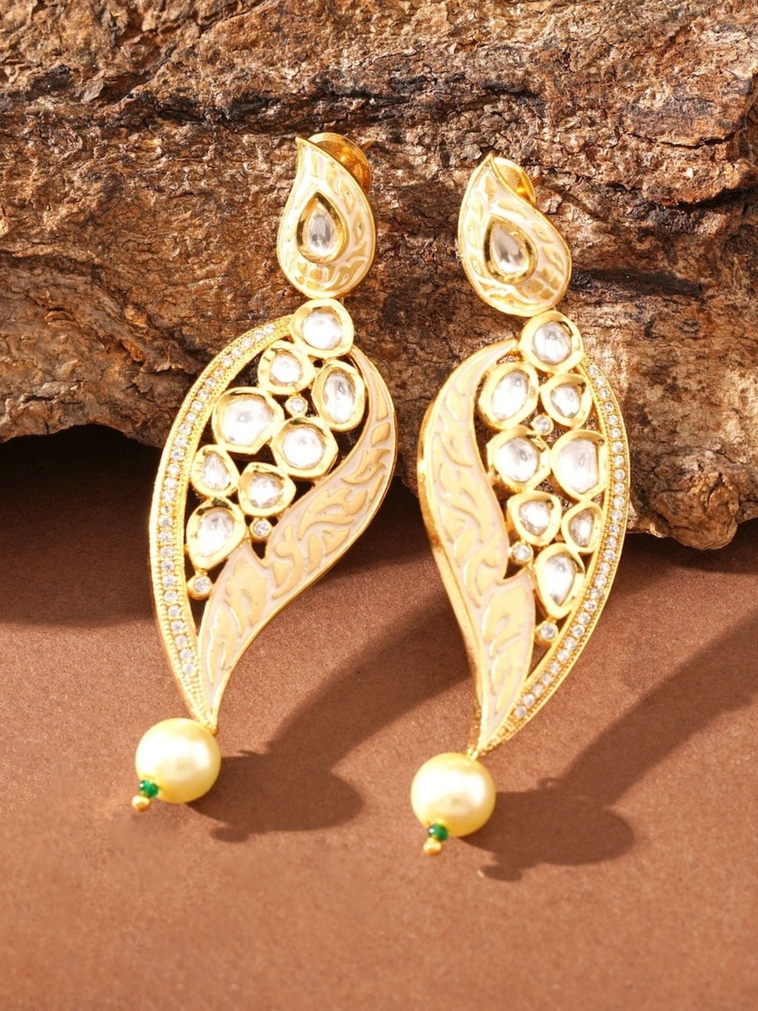 Abdesigns Jewellery Simple Gold Plated Kundan Earrings with pearl drop and intricate design