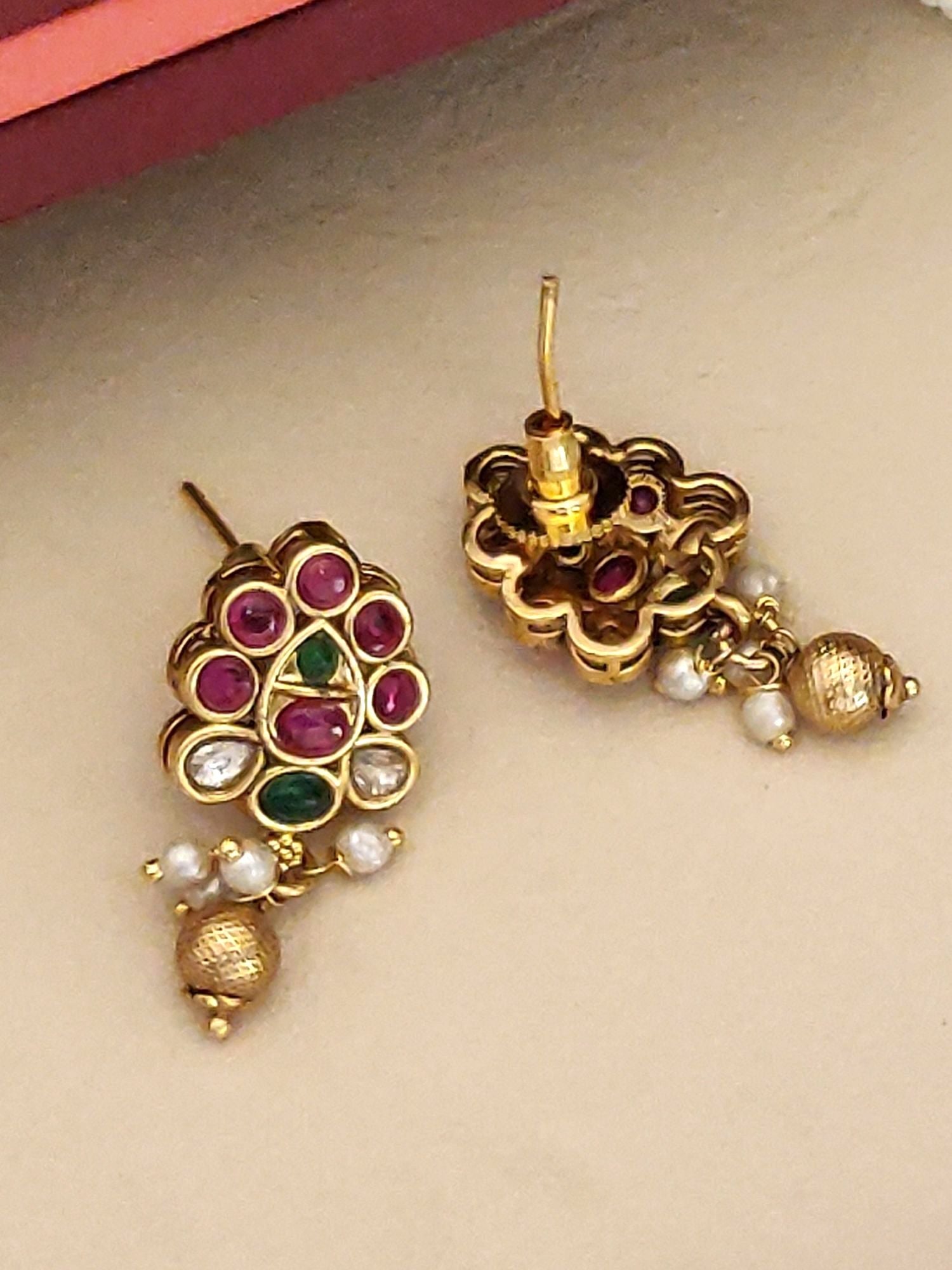 Abdesigns jewellery South Indian Temple Jewellery Necklace Set gold tone earrings with pink and green stones and white pearls