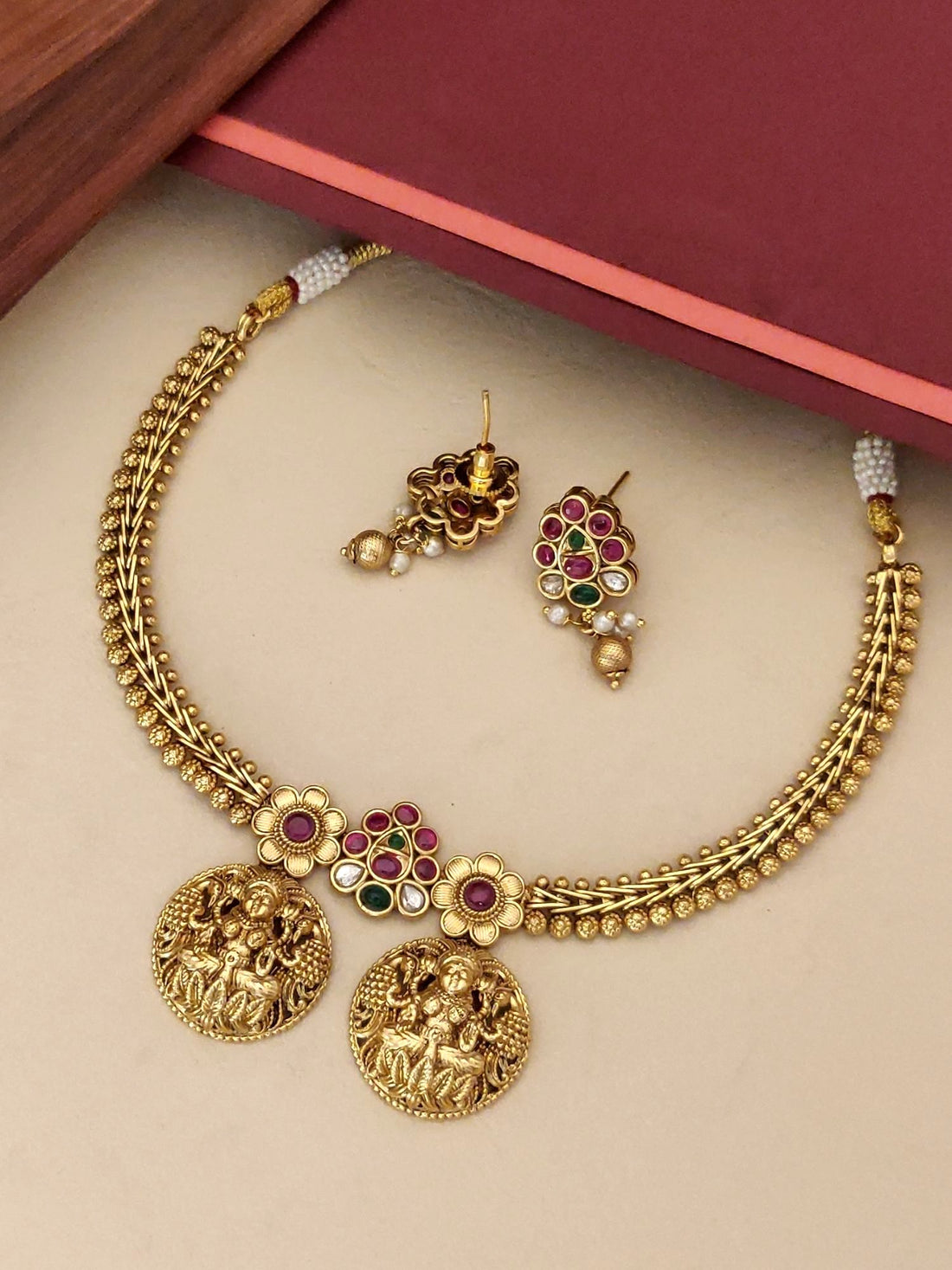 Abdesigns jewellery South Indian Temple Jewellery Necklace Set with gold finish and colorful floral earrings