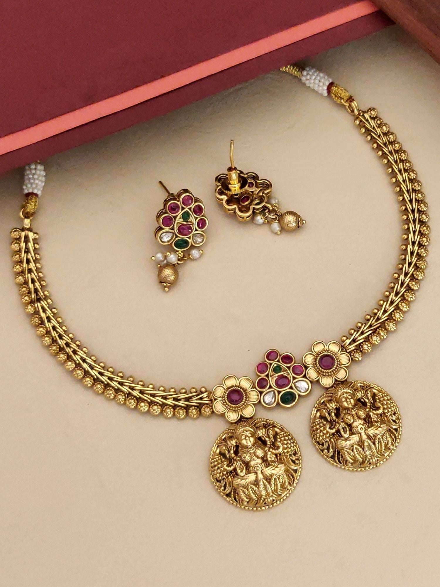 Abdesigns jewellery South Indian Temple Jewellery Necklace Set with gold finish and traditional intricate design