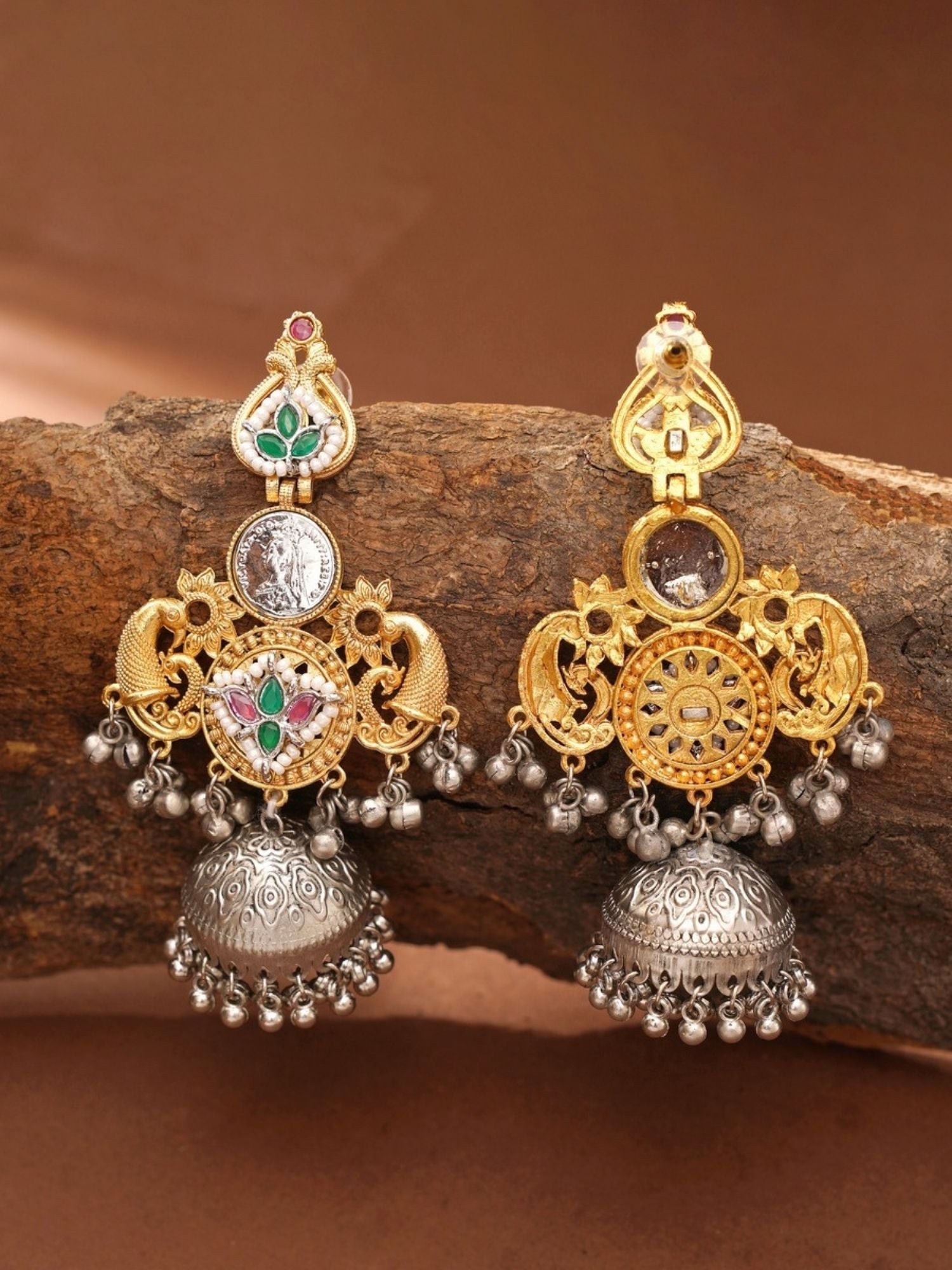 Abdesigns Jewellery Traditional Earrings with Jhumka Design gold and silver tone intricate detailing and colorful stones
