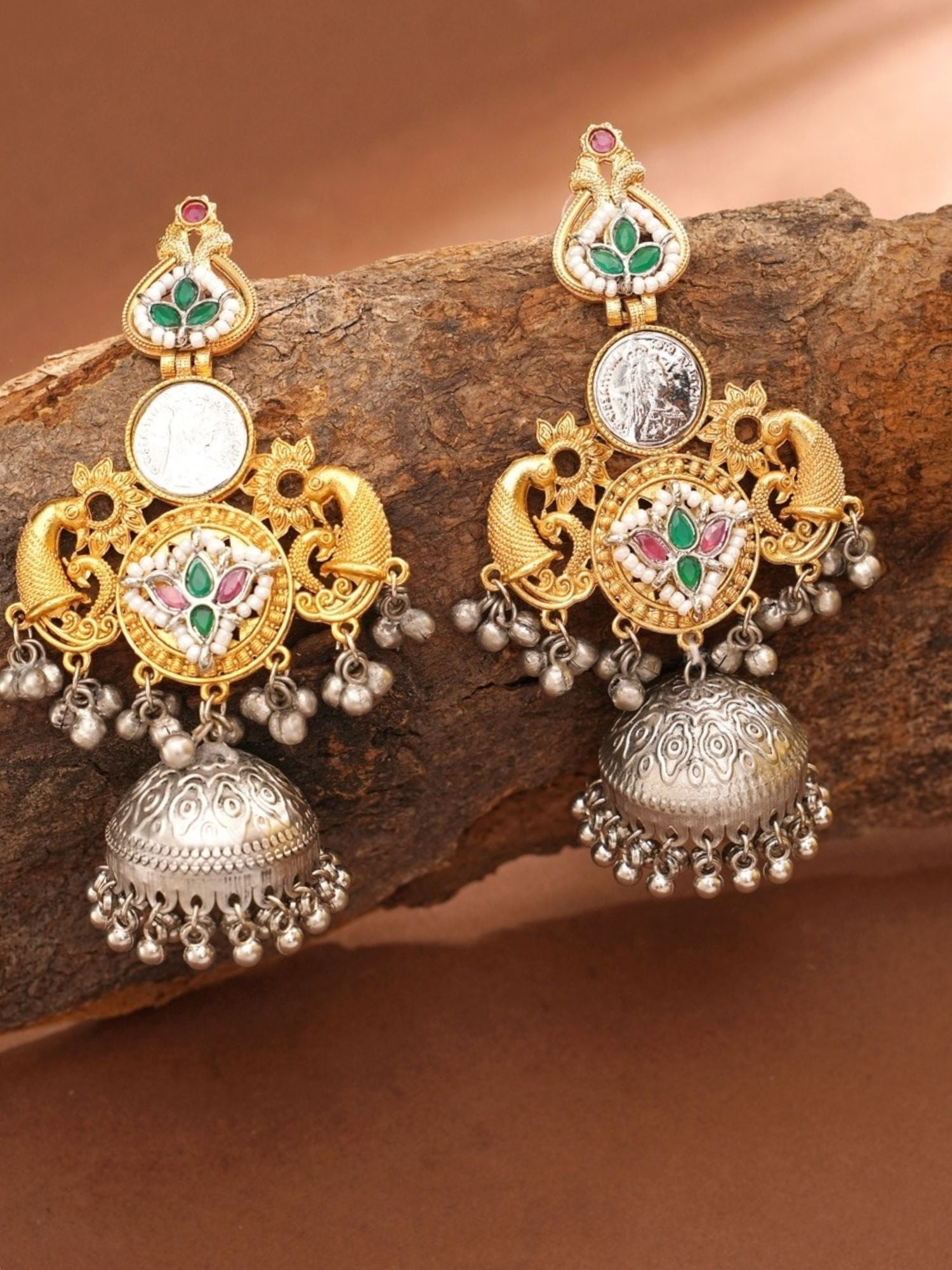 Abdesigns Jewellery Traditional Earrings with Jhumka Design featuring intricate gold and silver detailing with colorful stones