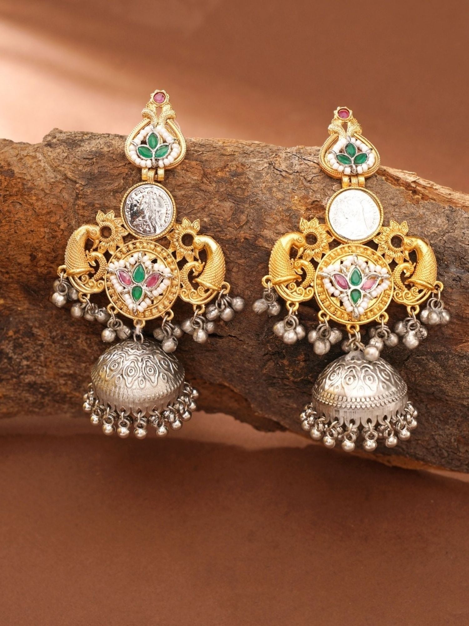 Abdesigns Jewellery Traditional Earrings with Jhumka Design featuring gold tone, green and pink stones, and silver dangling bells