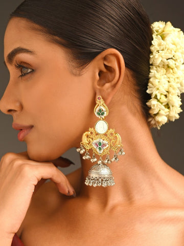 Abdesigns Jewellery Traditional Earrings with Jhumka Design worn by model with floral hair accessory