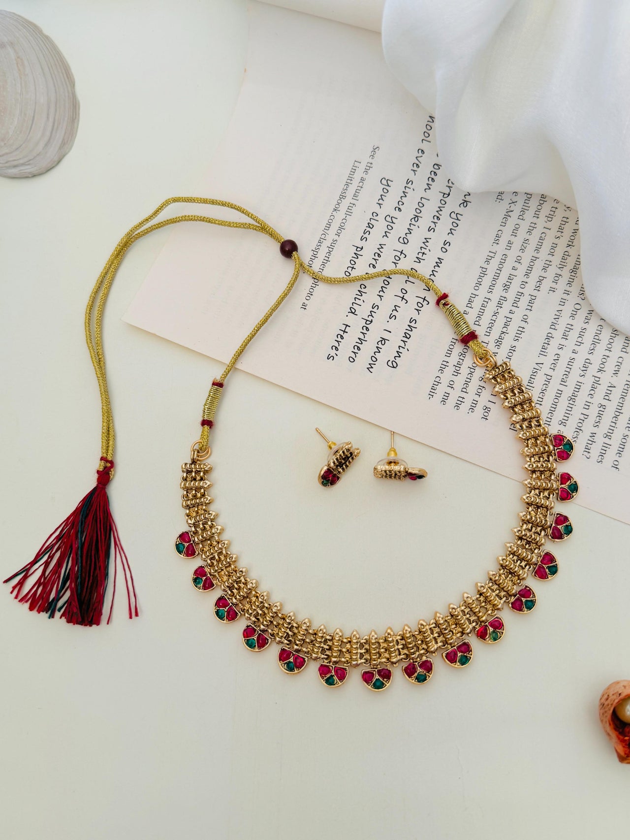 Abdesigns Jewellery Traditional Gold Finish Necklace Set with red and green accents and matching earrings